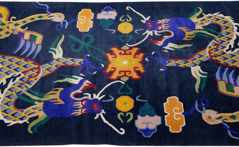 Blue Chinese Vintage Peking Handmade Wool Rug with Mullticolor Dragon ...