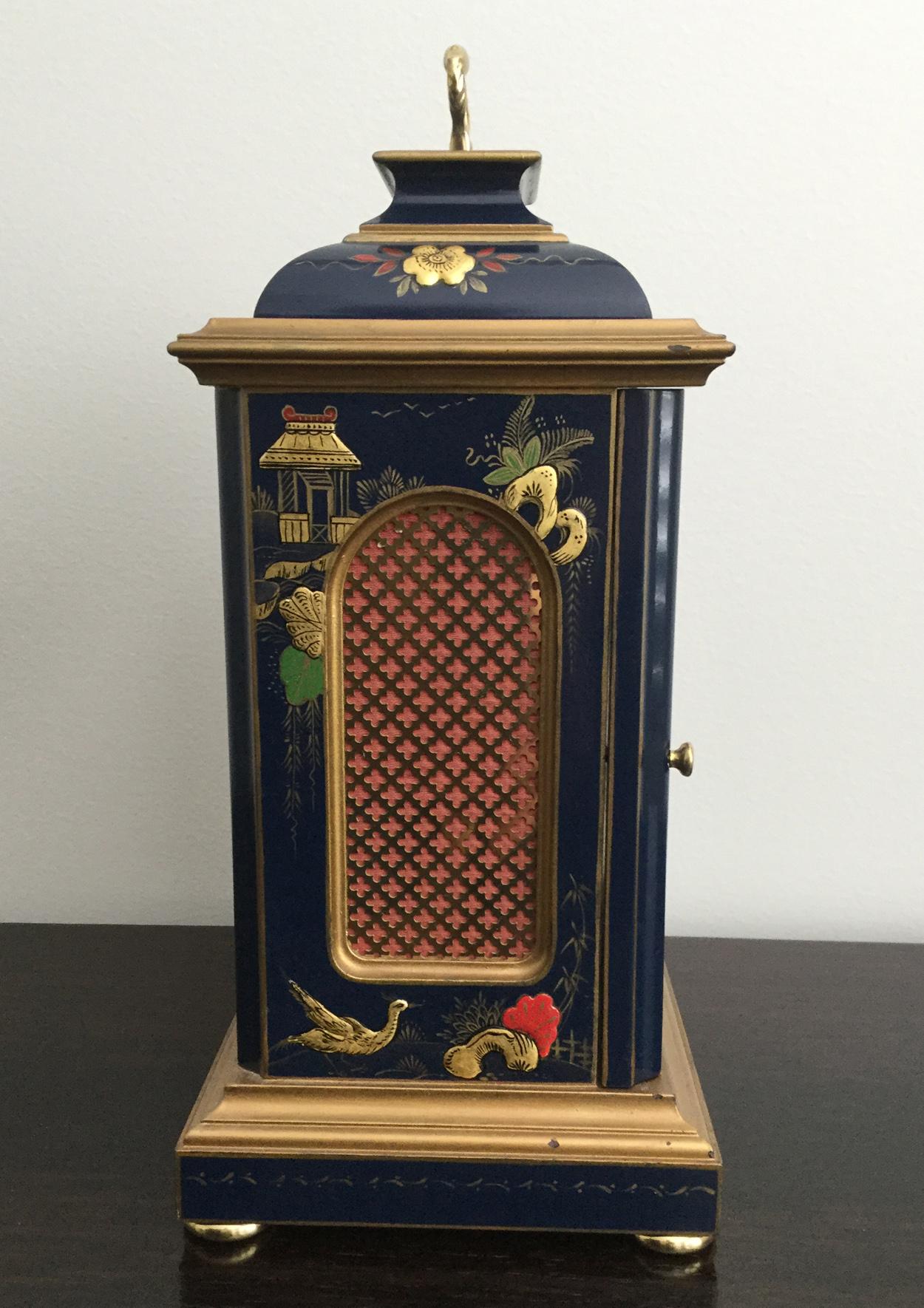 Painted Blue Chinoiserie Bracket Clock by Mappin & Webb, circa 1970