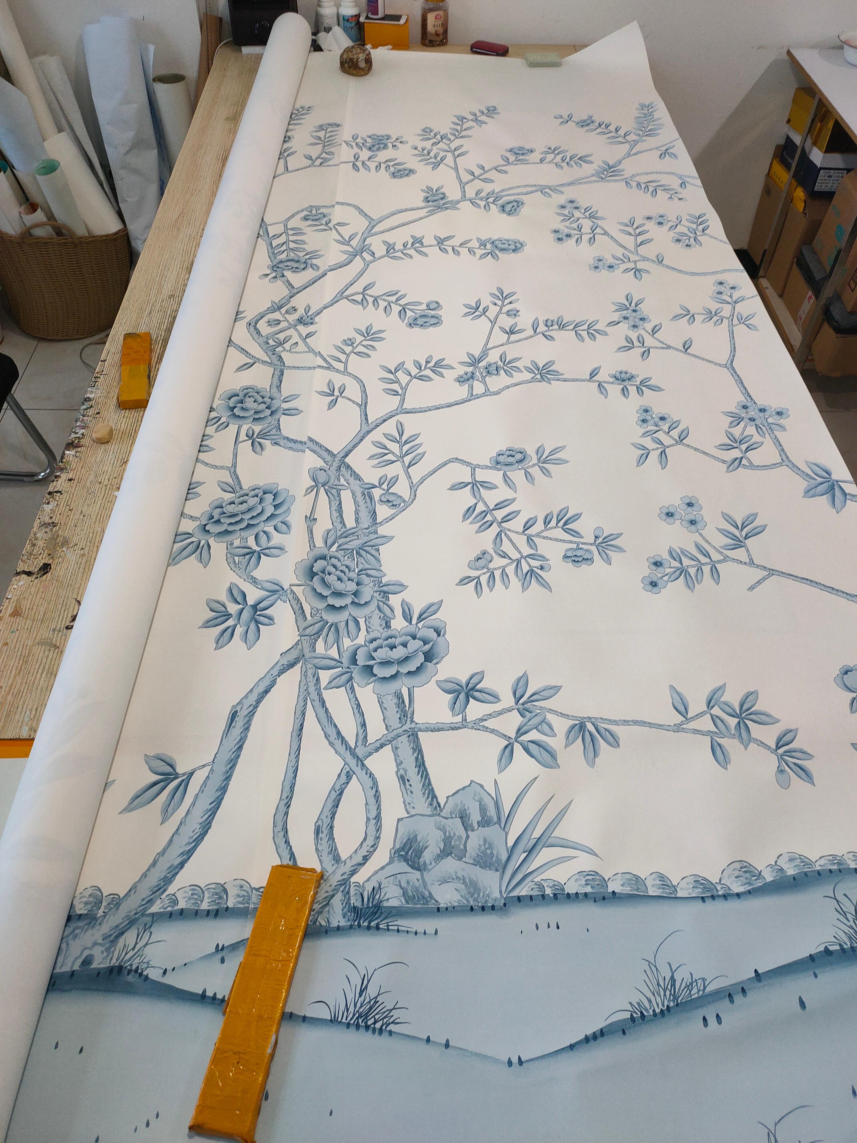 Chinese Blue Chinoiserie Mural Hand Painted Floral Wallpapers on Silk, 4 Panels For Sale