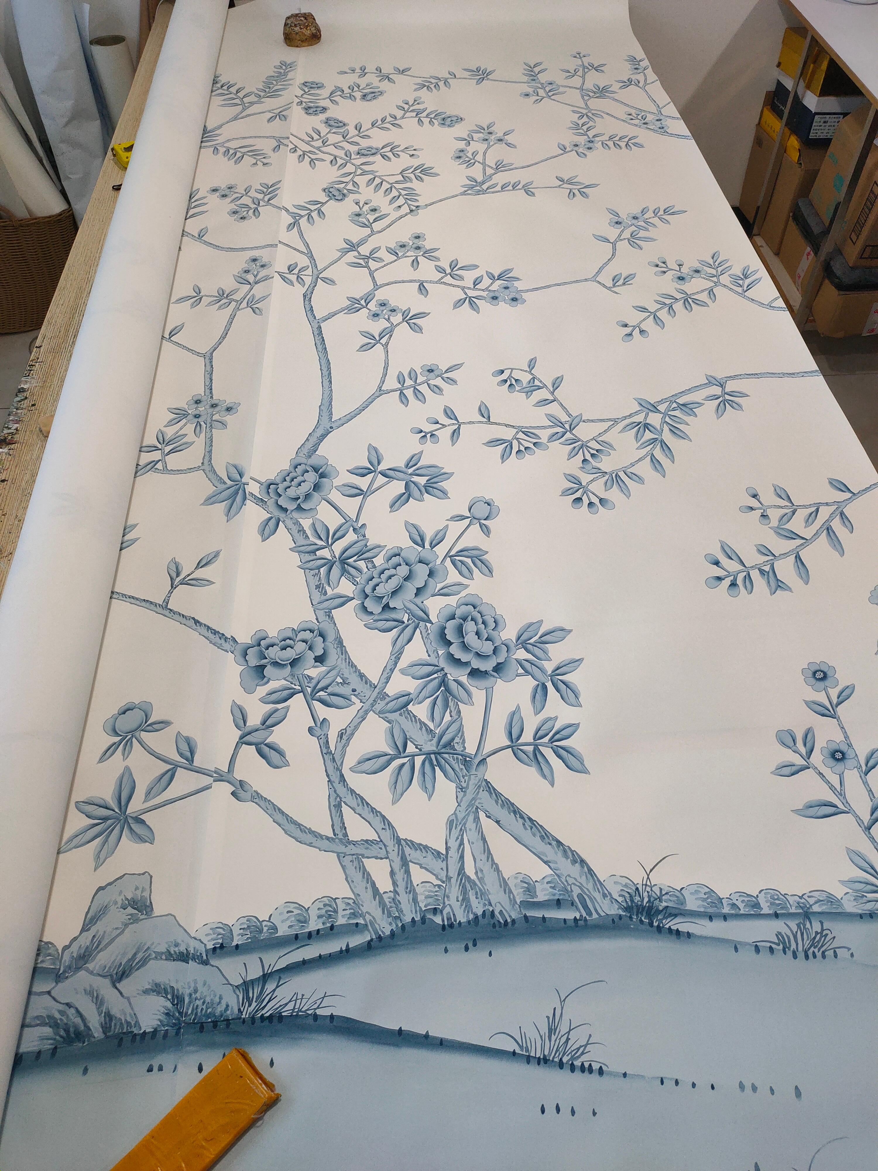 Hand-Painted Blue Chinoiserie Mural Hand Painted Floral Wallpapers on Silk, 4 Panels For Sale