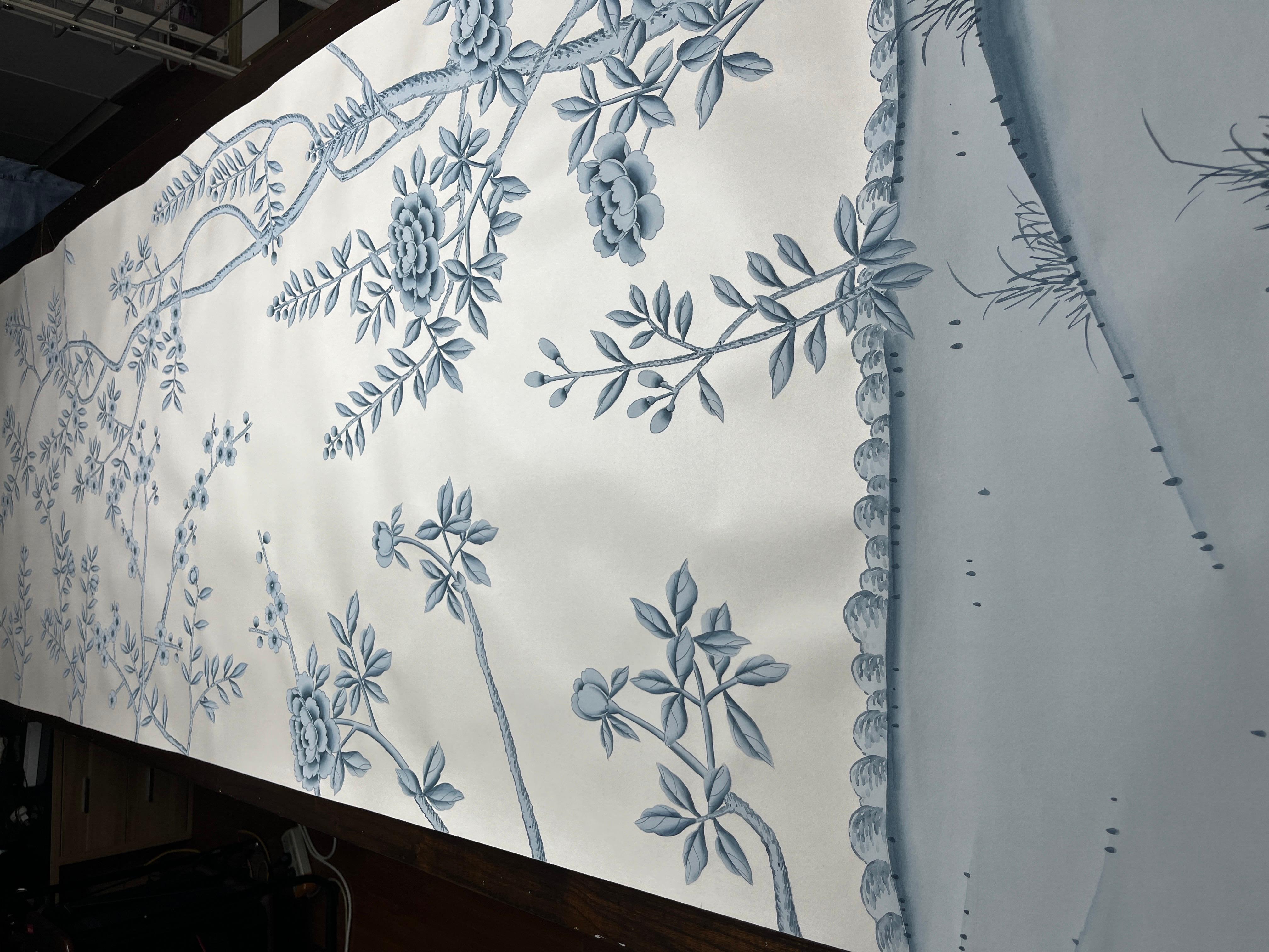 Blue Chinoiserie Mural Hand Painted Floral Wallpapers on Silk, 4 Panels In New Condition For Sale In Wuxi, 32
