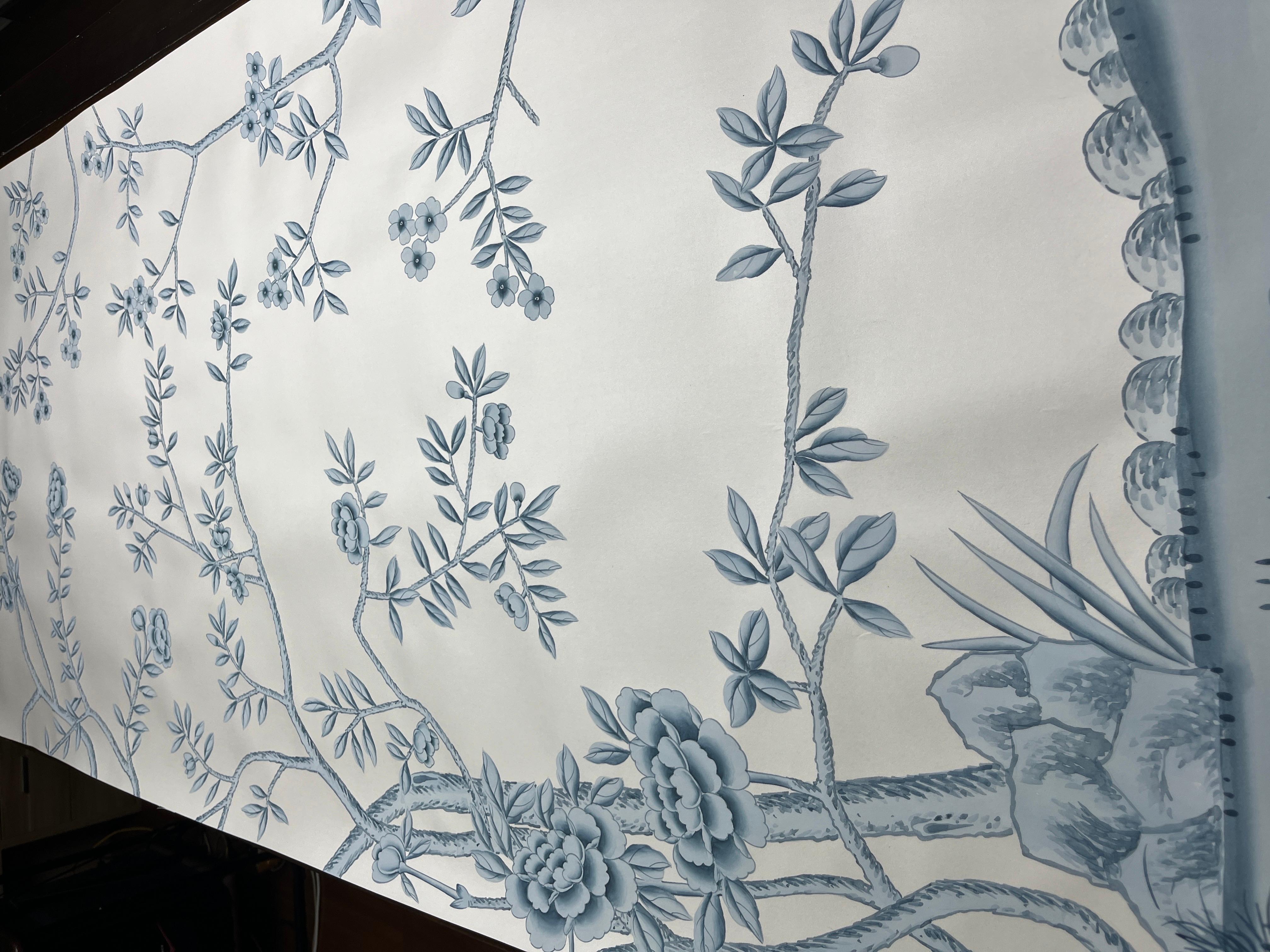 Contemporary Blue Chinoiserie Mural Hand Painted Floral Wallpapers on Silk, 4 Panels For Sale