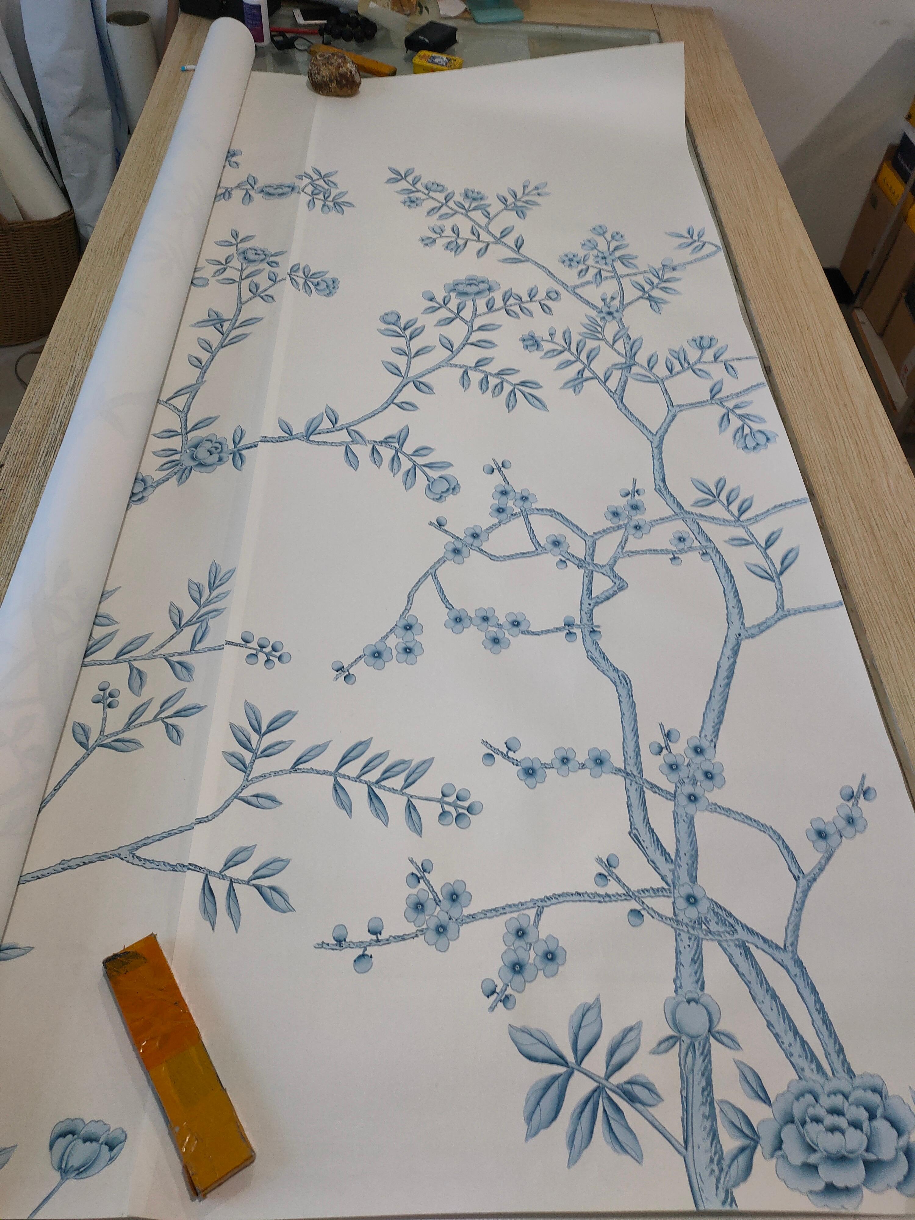Blue Chinoiserie Mural Hand Painted Floral Wallpapers on Silk, 4 Panels For Sale 1