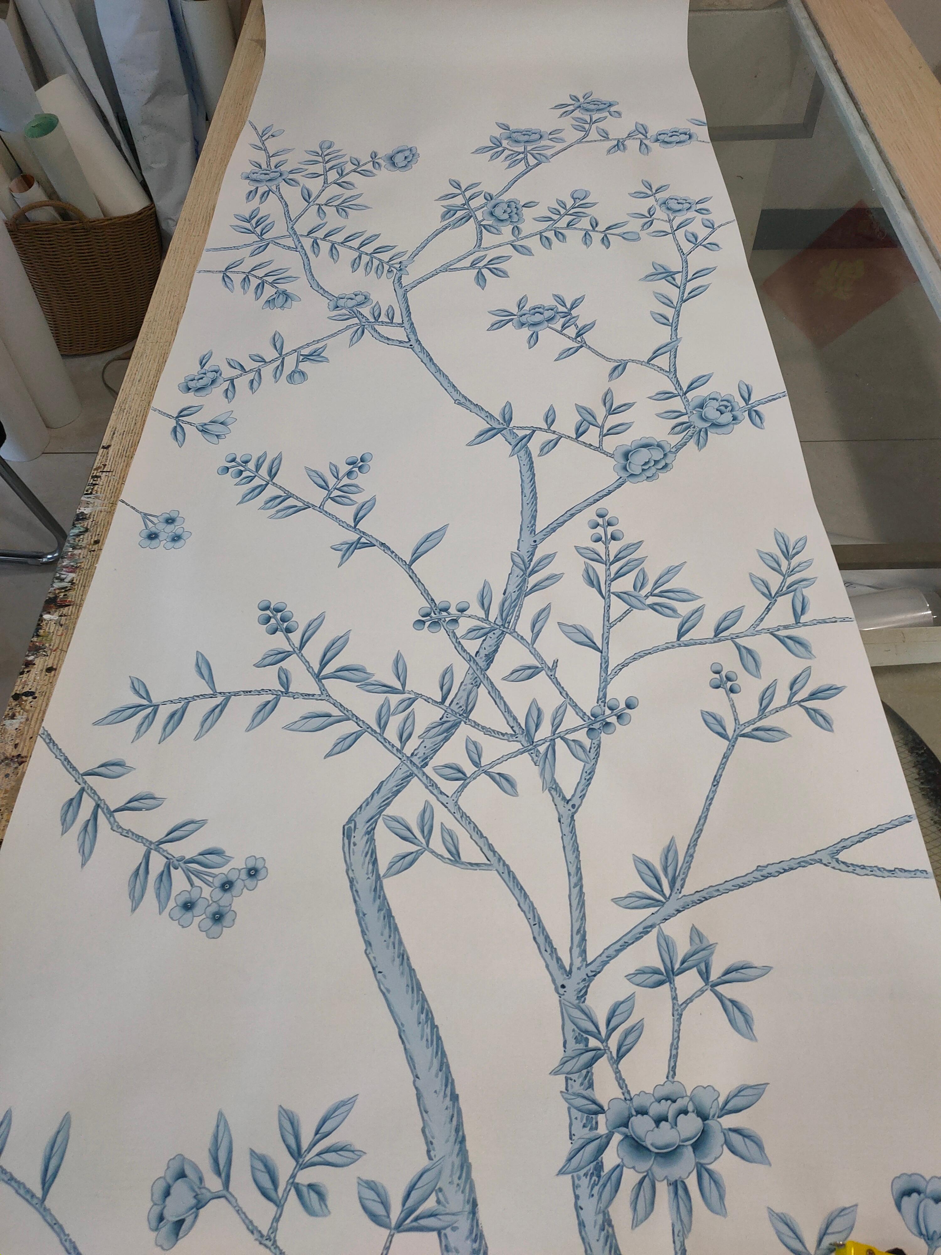 Blue Chinoiserie Mural Hand Painted Floral Wallpapers on Silk, 4 Panels For Sale 2
