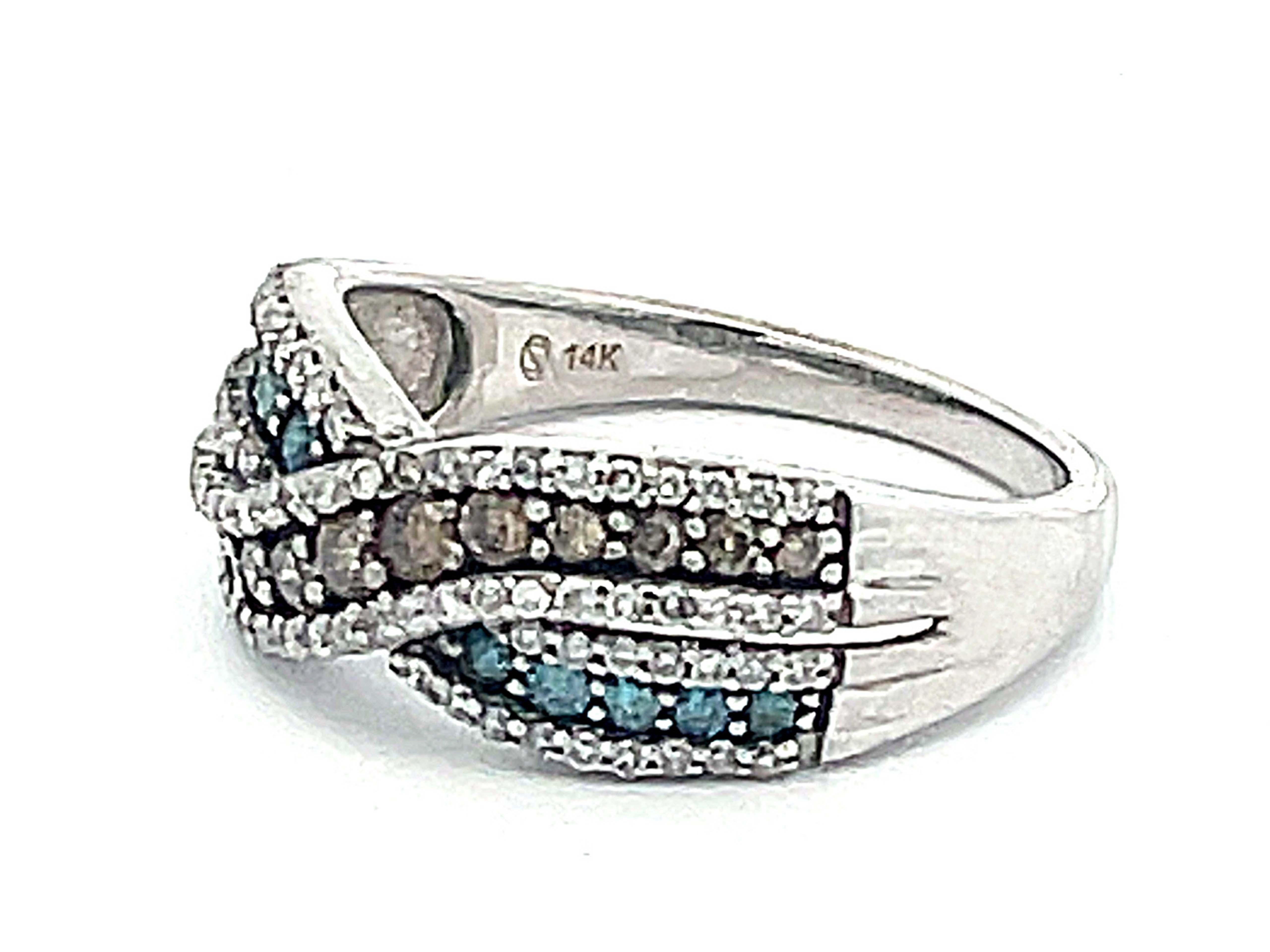 Modern Blue, Chocolate and White Diamond Band Ring in 14k White Gold For Sale
