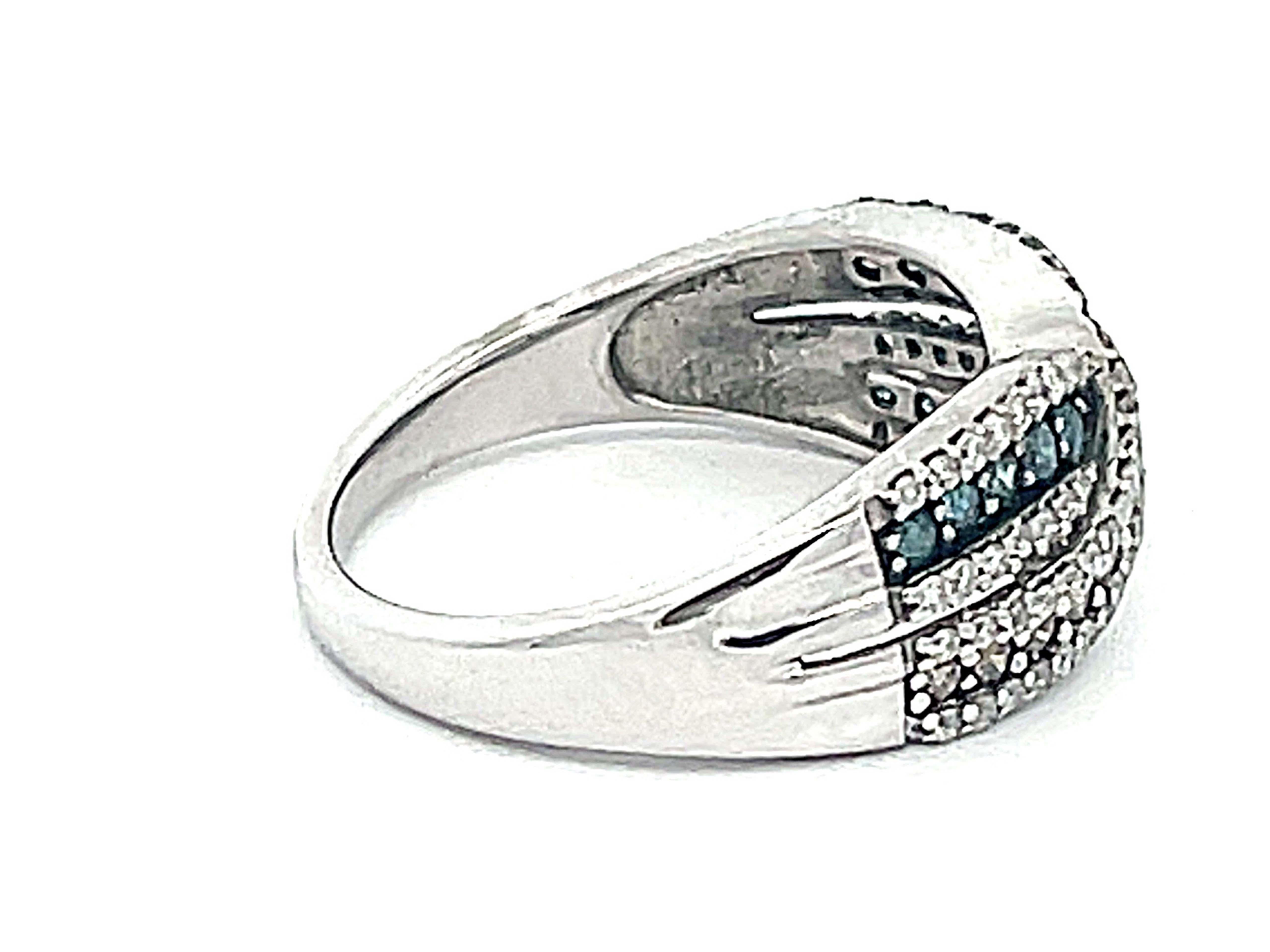 Brilliant Cut Blue, Chocolate and White Diamond Band Ring in 14k White Gold For Sale