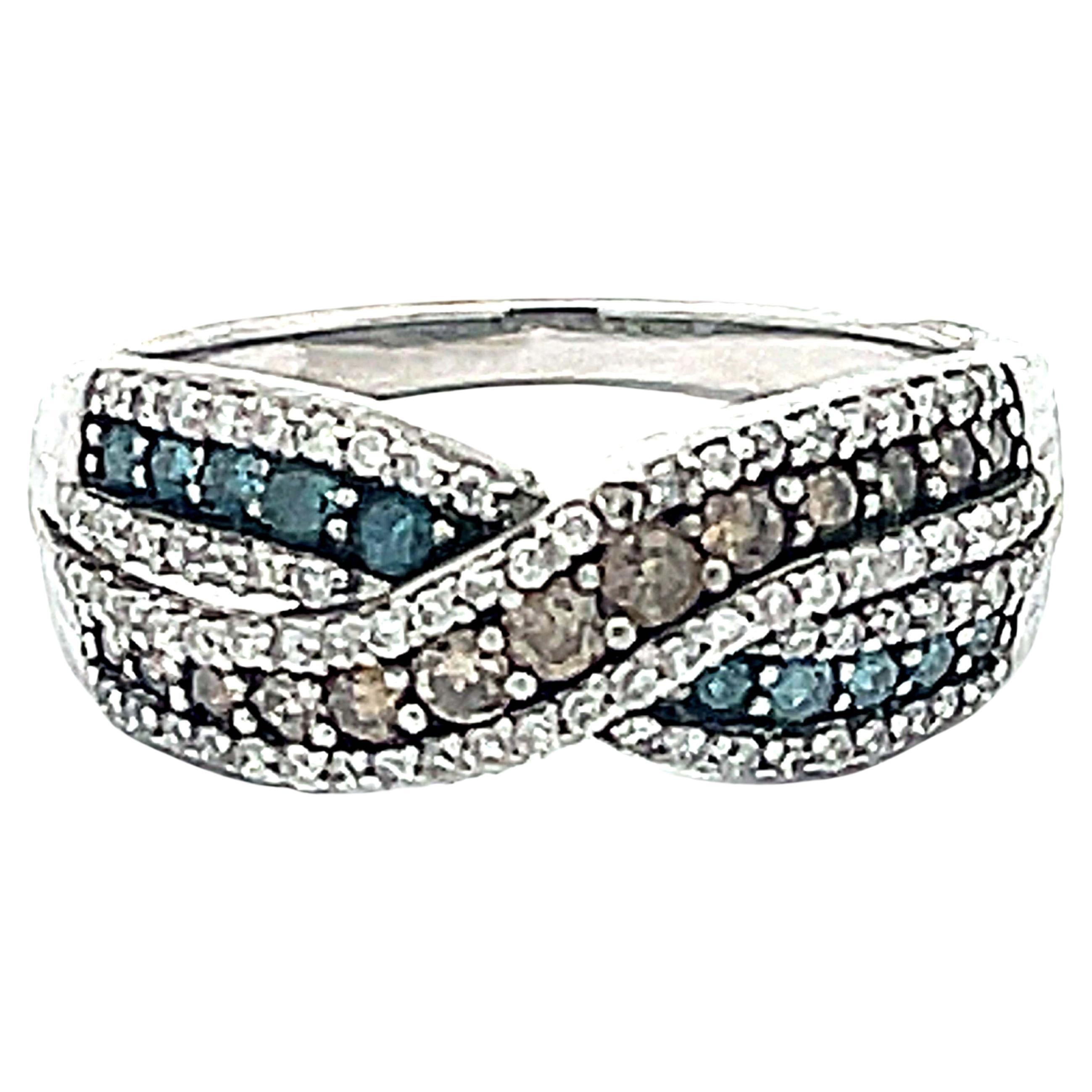Blue, Chocolate and White Diamond Band Ring in 14k White Gold For Sale