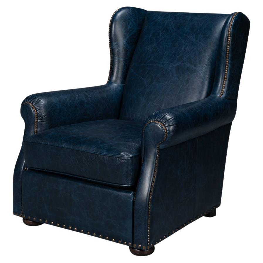 Blue Classic Leather Armchair For Sale