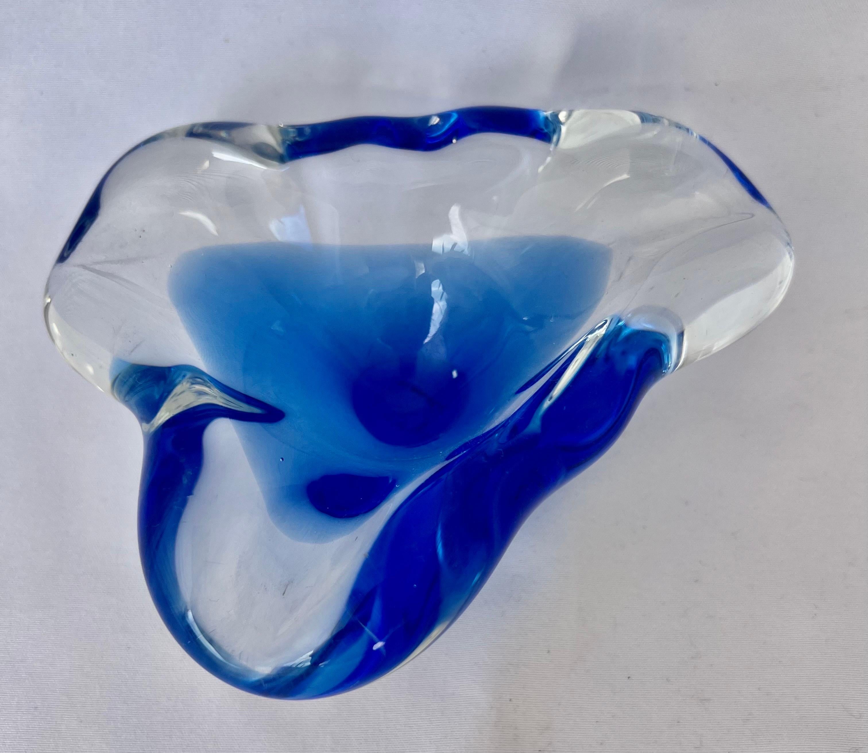 Vintage hand blown blue & clear Murano glass dish. A great accent piece or bookshelf decor.