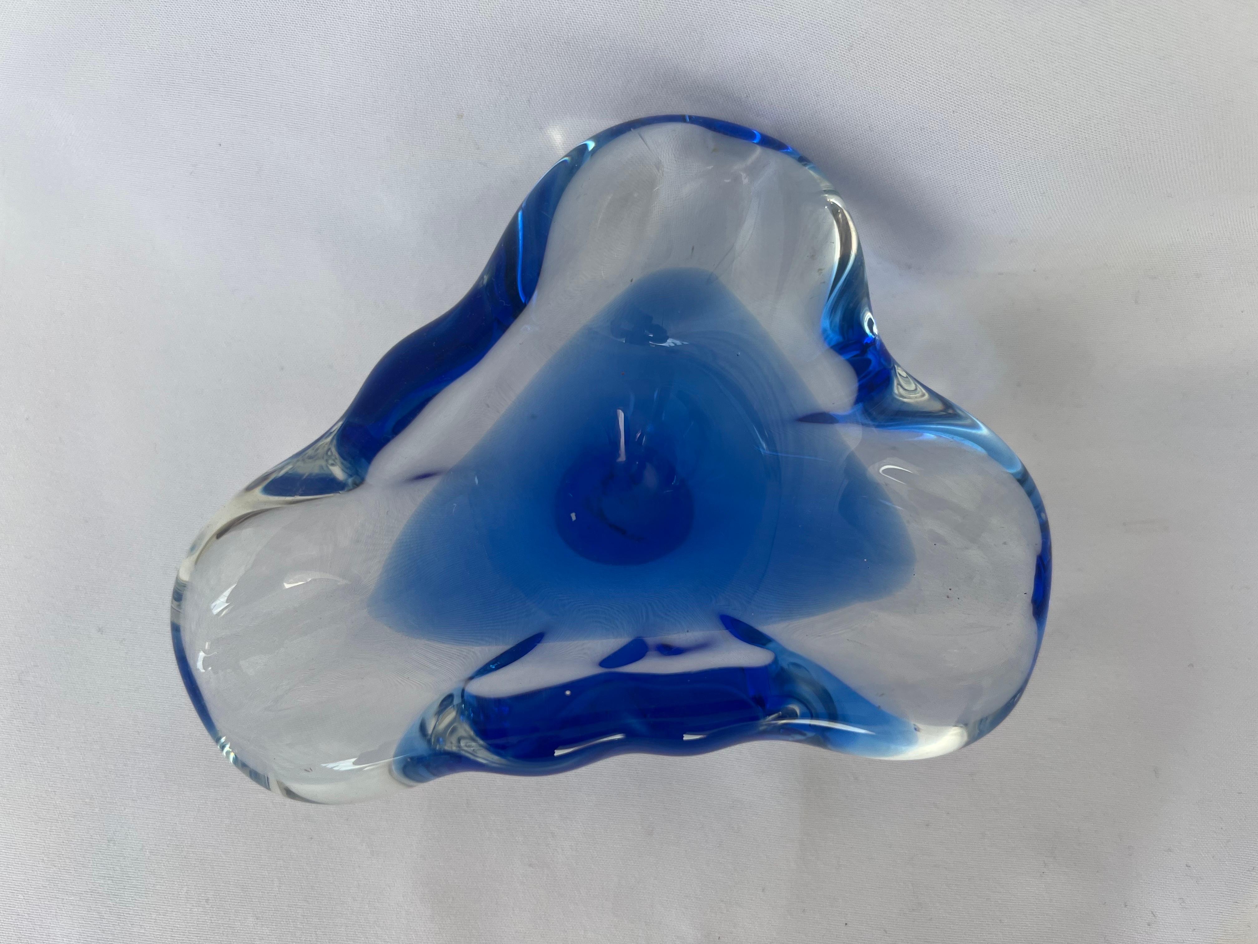 Mid-Century Modern Blue and Clear Hand Blown Murano Dish For Sale