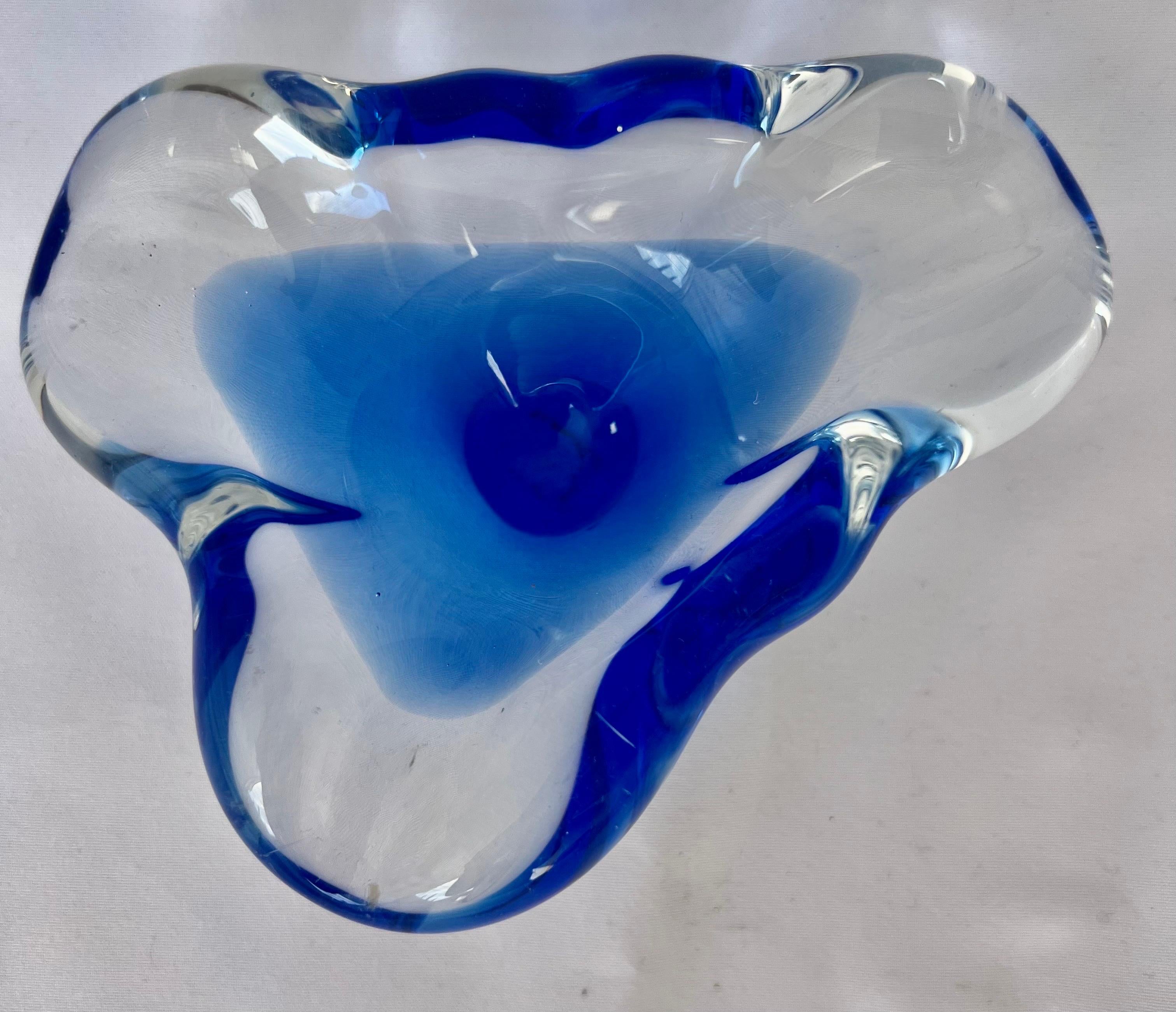 Italian Blue and Clear Hand Blown Murano Dish For Sale