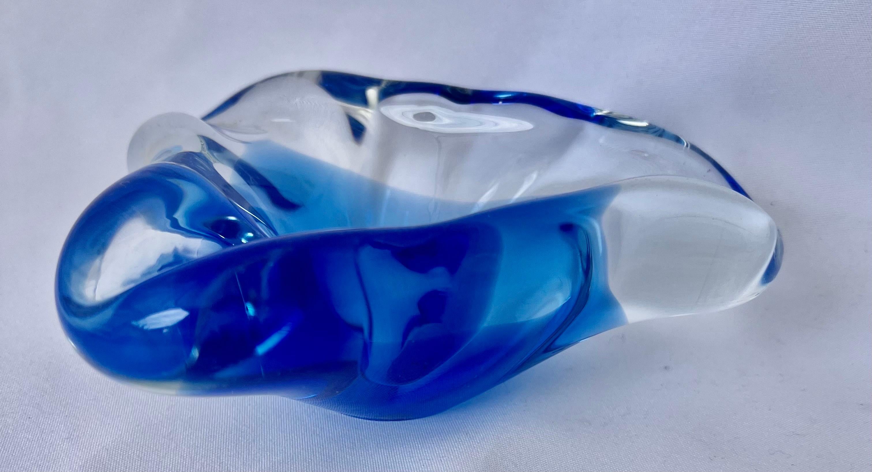 Hand-Crafted Blue and Clear Hand Blown Murano Dish For Sale