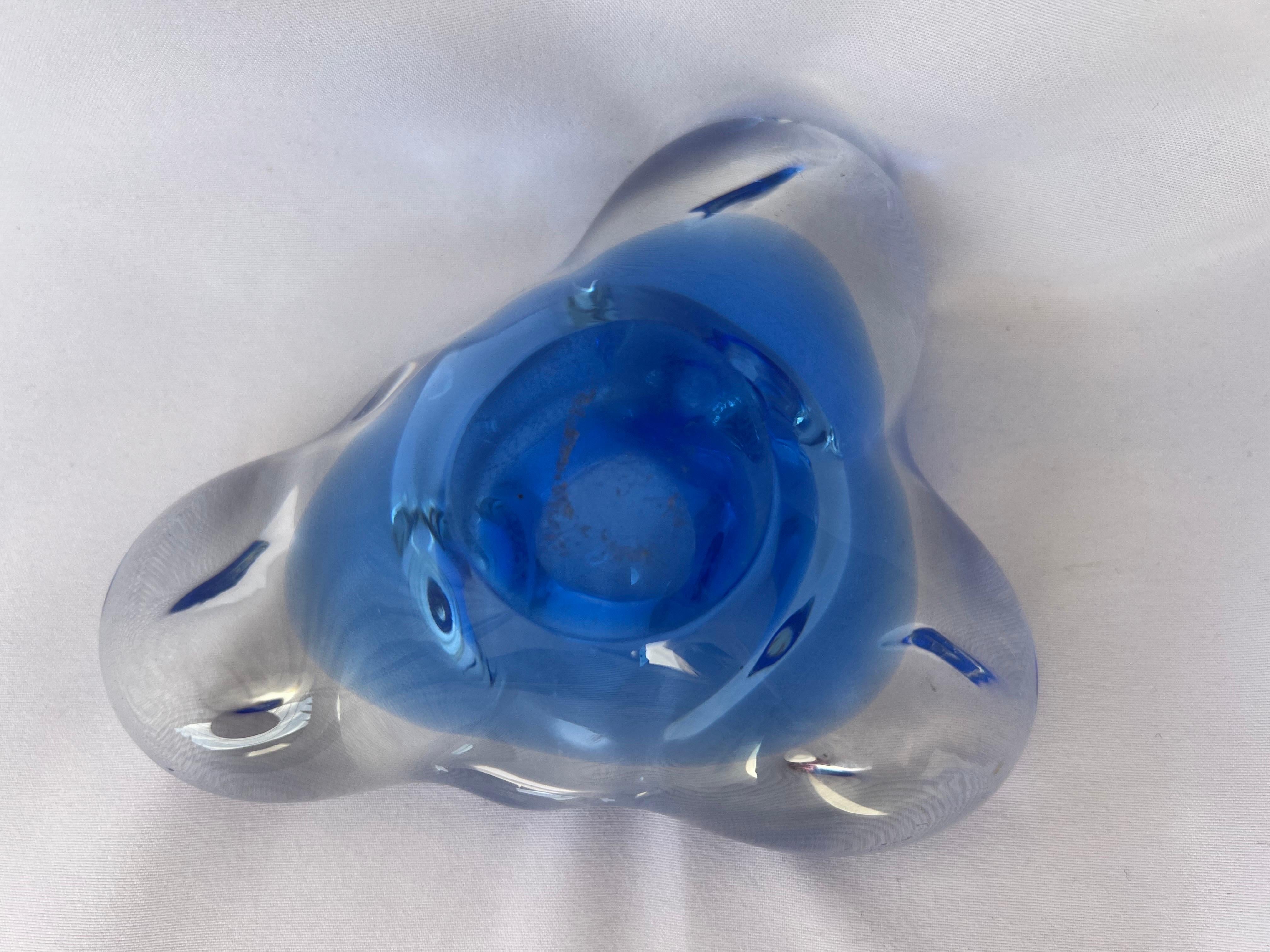 Blown Glass Blue and Clear Hand Blown Murano Dish For Sale