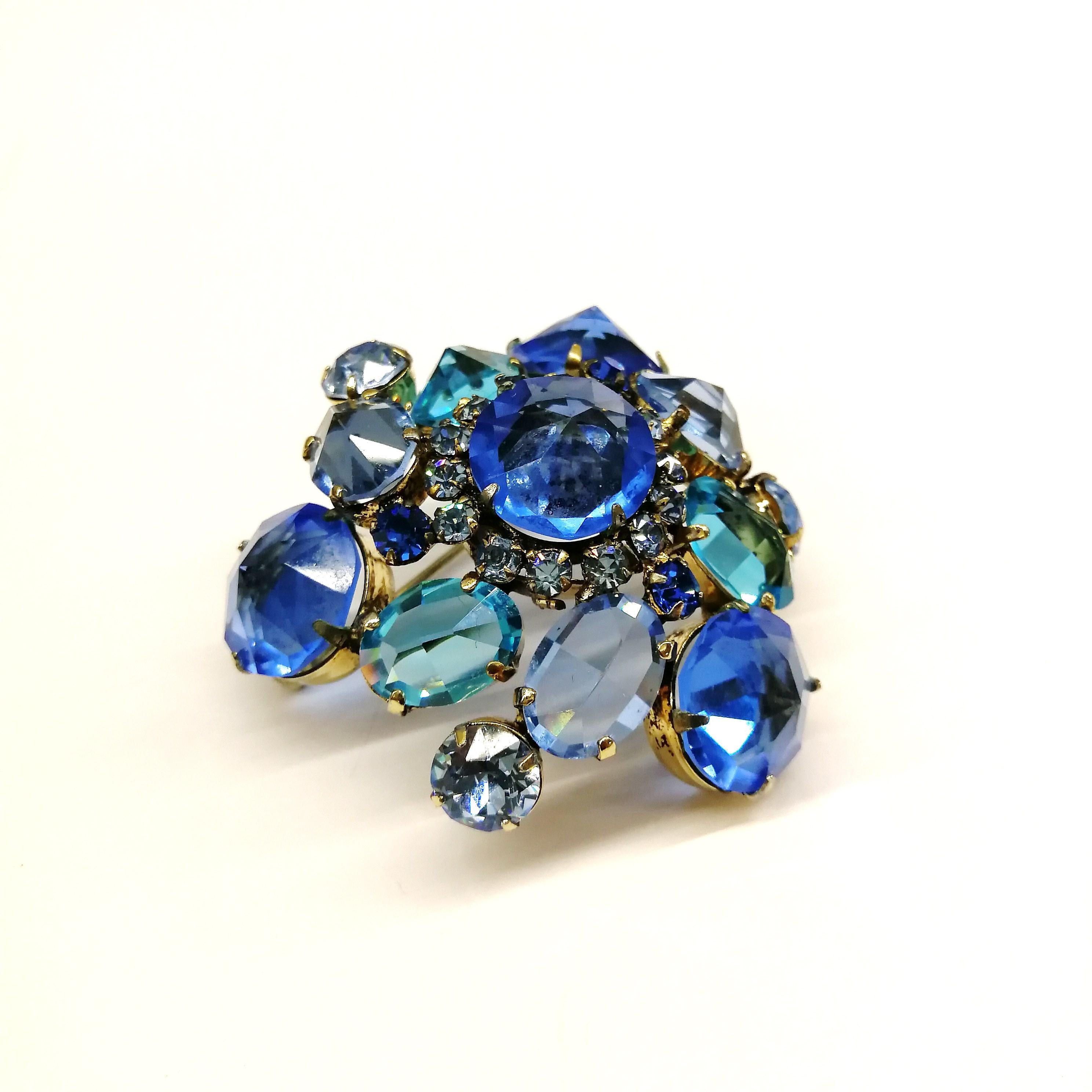 Women's Blue clear pastes set in gilt metal 'cluster' brooch, Schreiner NY, 1960s