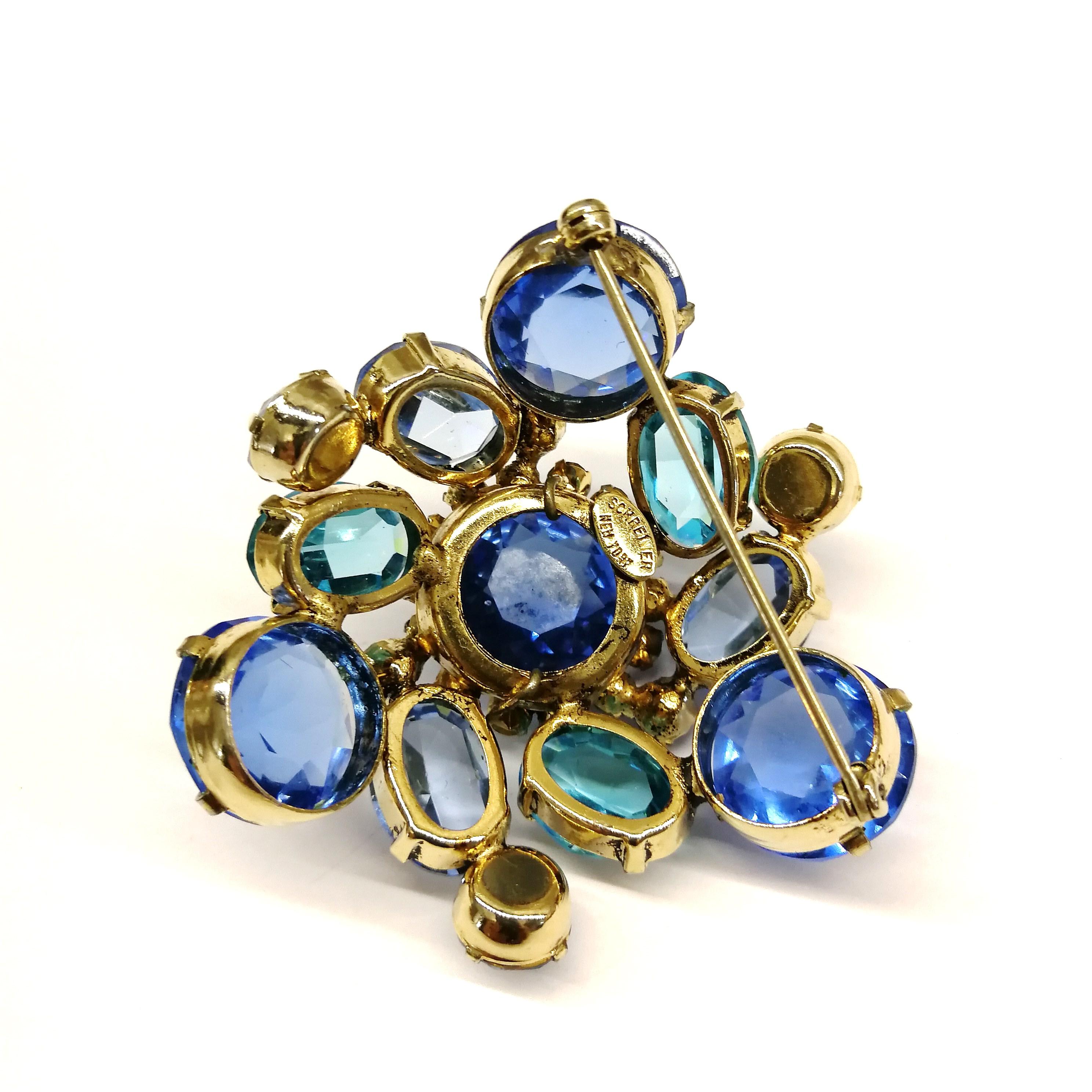 Blue clear pastes set in gilt metal 'cluster' brooch, Schreiner NY, 1960s 2