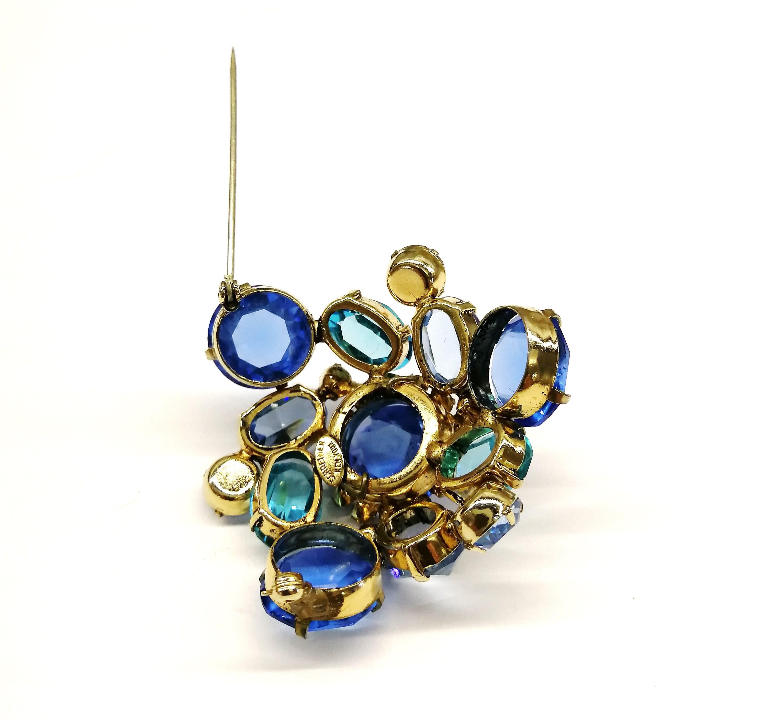 Blue clear pastes set in gilt metal 'cluster' brooch, Schreiner NY, 1960s 3