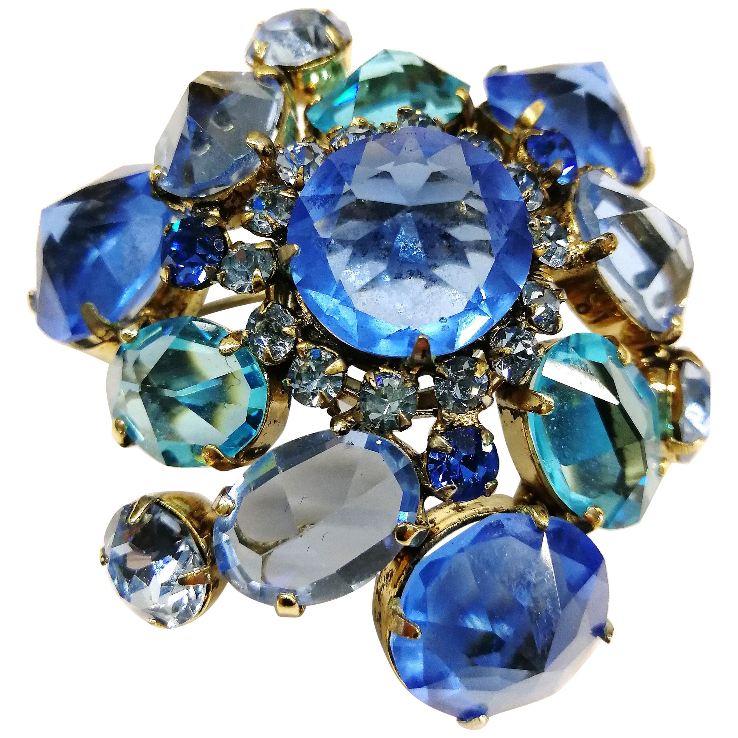 Blue clear pastes set in gilt metal 'cluster' brooch, Schreiner NY, 1960s