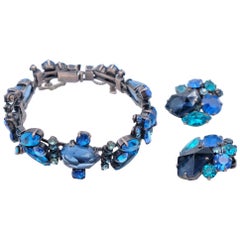 Vintage Blue Clip-on earrings and Bracelet Weiss Set  1950s