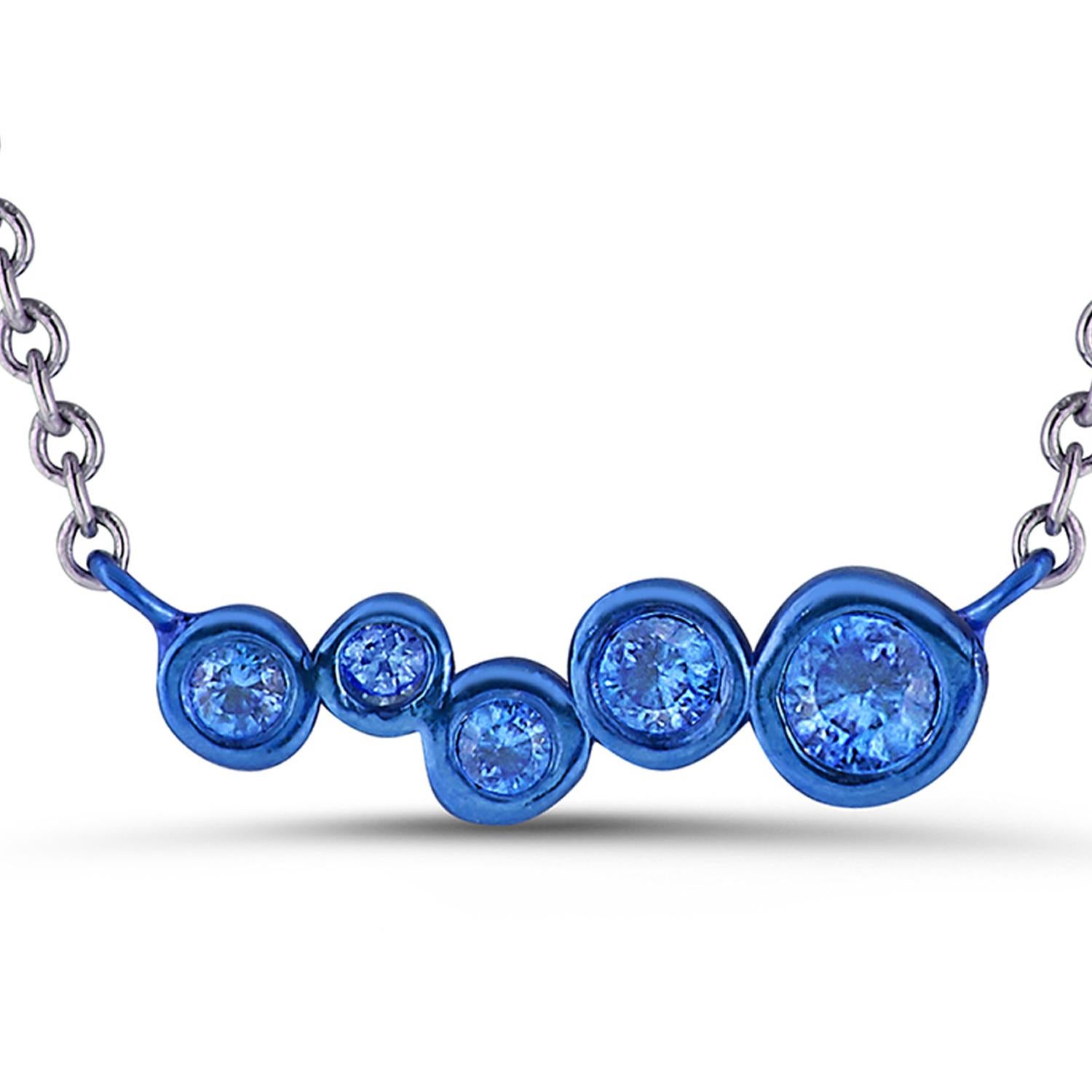 Round Cut Blue Coated Silver Bar Pendant with 0.15 Carat Blue Sapphires Hi June Parker For Sale