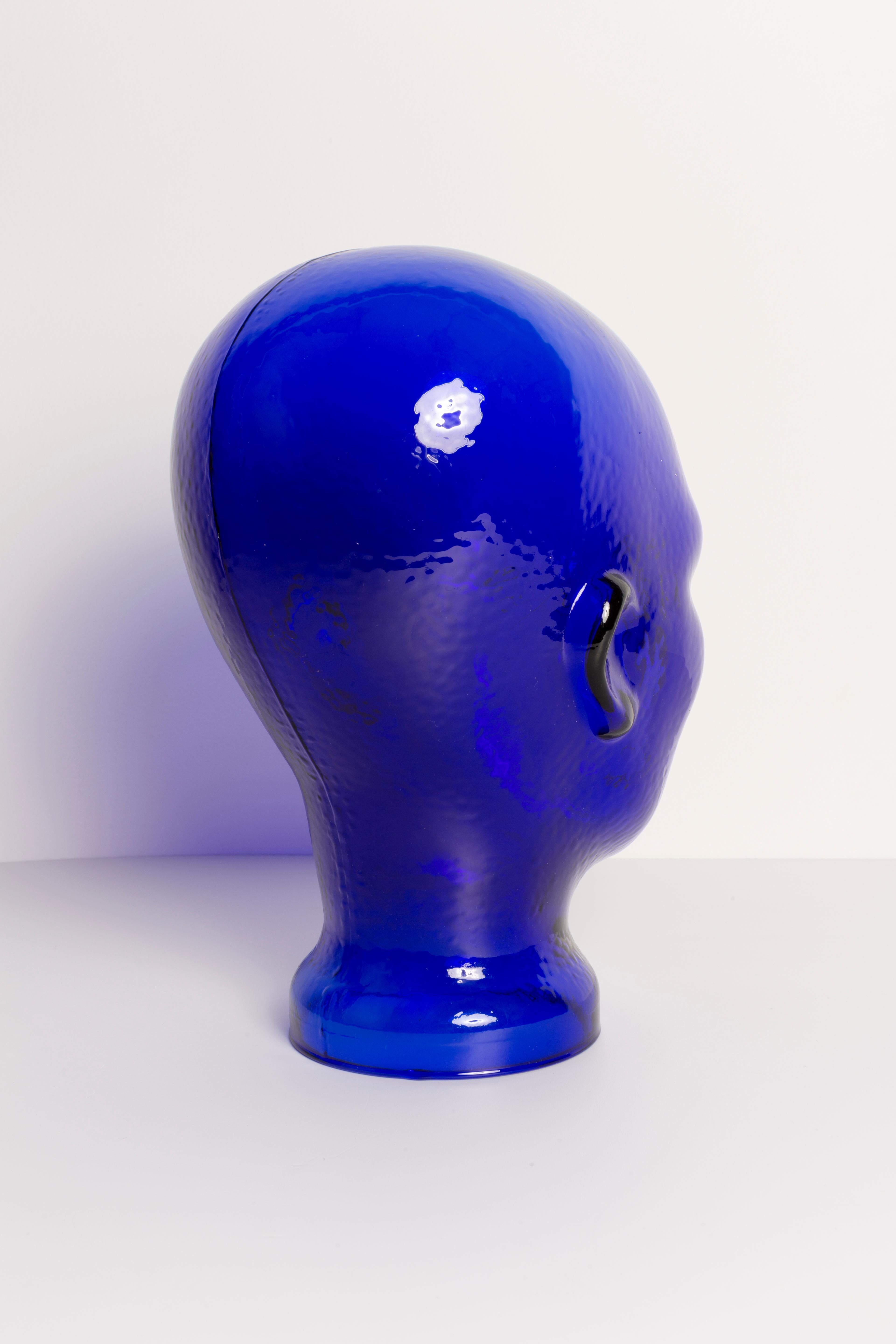 Mid-Century Modern Blue Cobalt Vintage Decorative Mannequin Glass Head Sculpture, 1970s, Germany