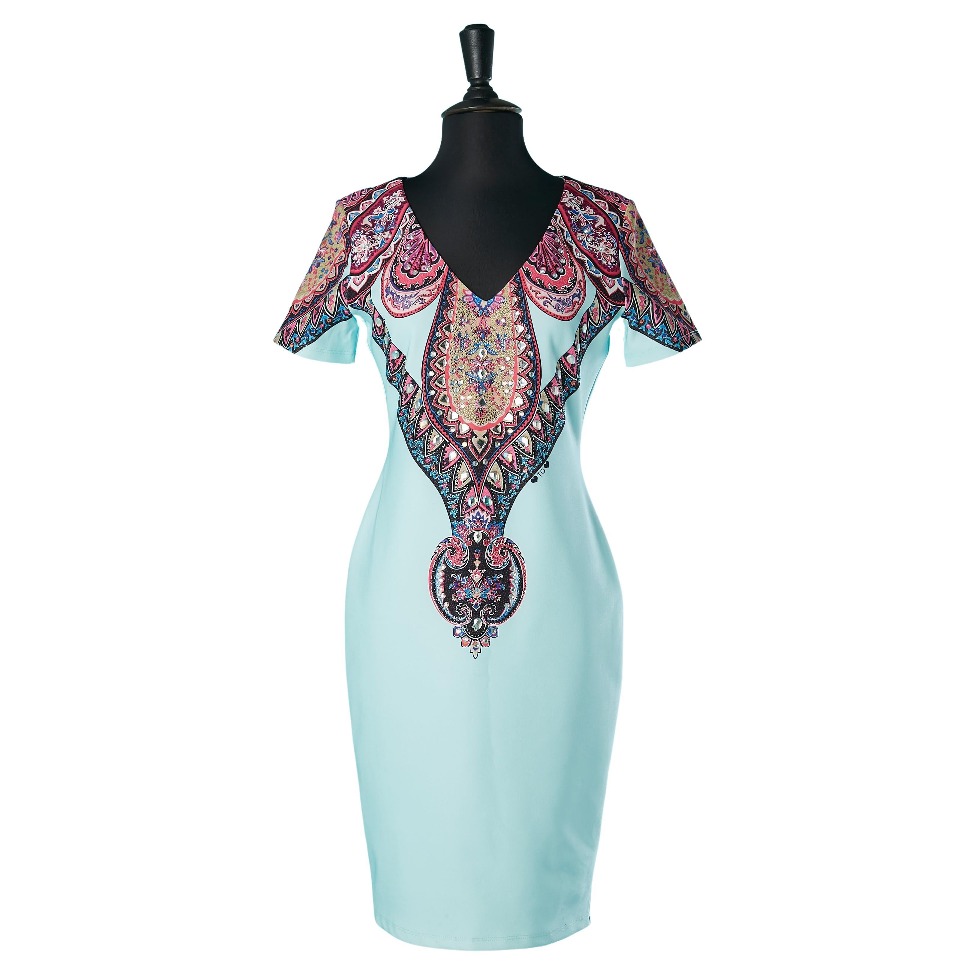 Vestido de cóctel azul con estampado y pedrería Love to Love Gai Mattiolo en venta