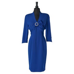 Blue cocktail dress with rhinestone brooch on the bust THIERRY MUGLER