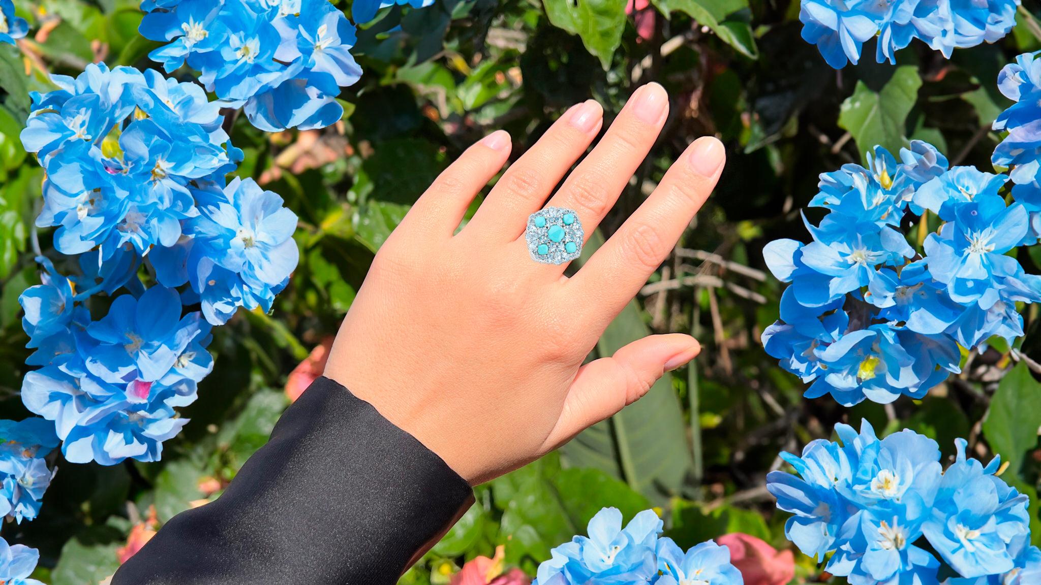 It comes with the Gemological Appraisal by GIA GG/AJP
All Gemstones are Natural
5 Turquoise = 1.90 Carats
32 Blue Topazes = 4.31 Carats
Metal: Rhodium Plated Sterling Silver
Ring Size: 7* US
*It can be resized complimentary