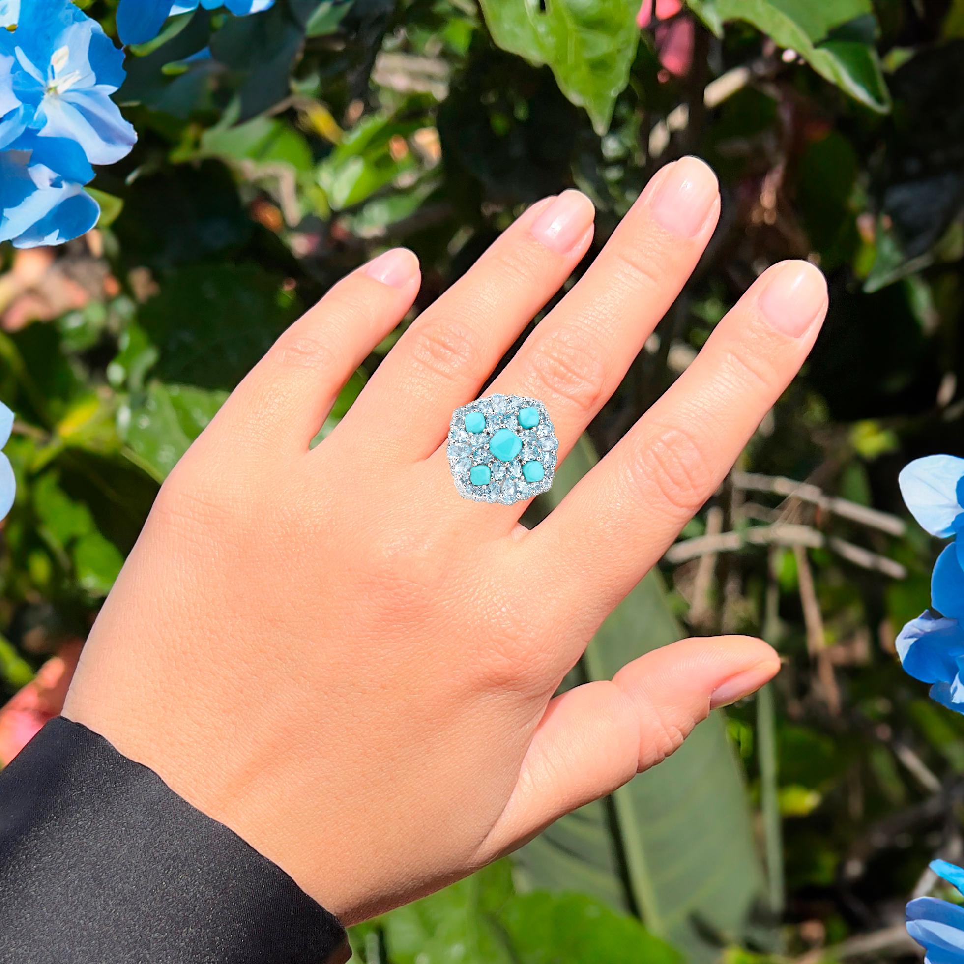 Blauer Cocktailring mit blauem Türkis-Blauem Topas 6.2 Karat (Cabochon) im Angebot