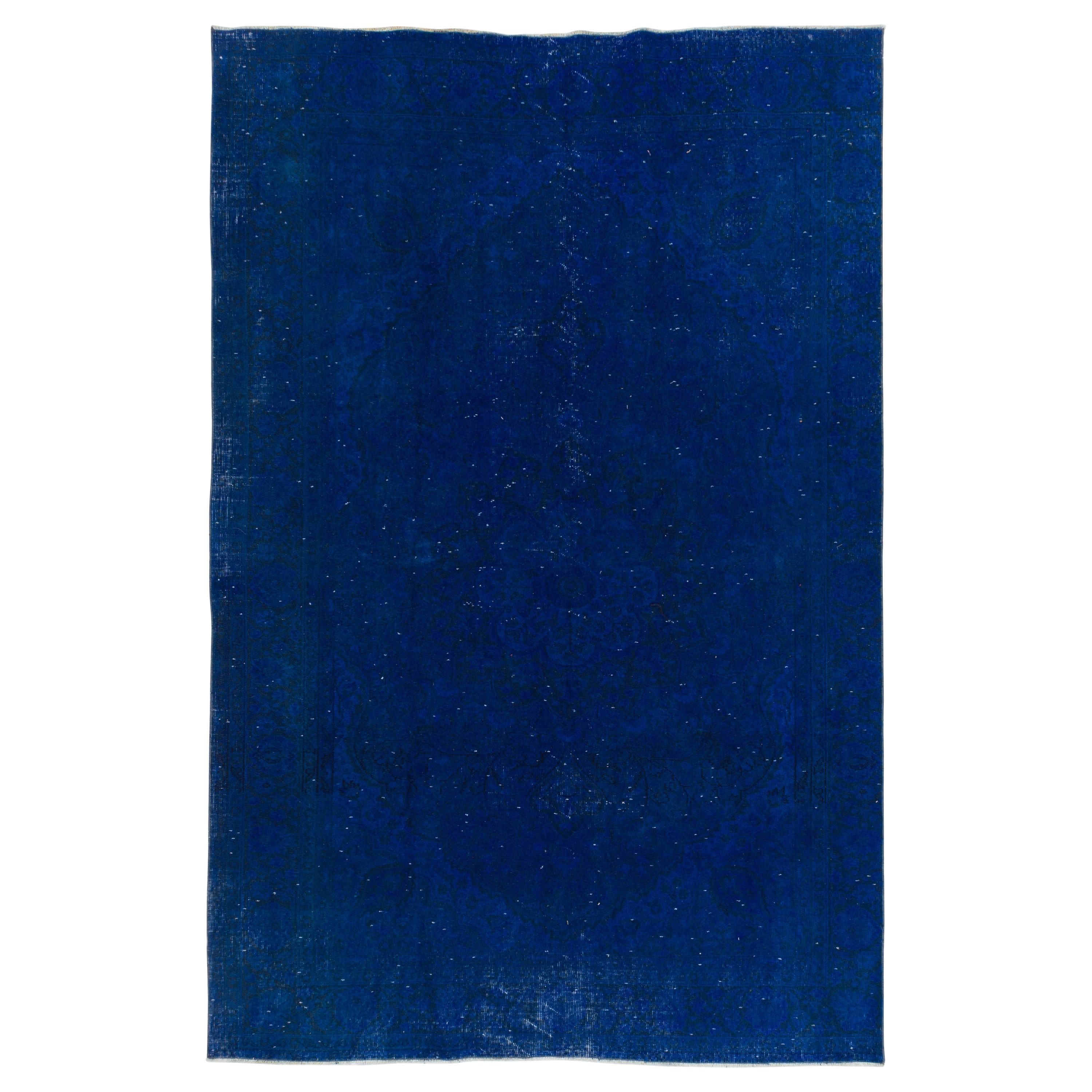 Blue Color Re-Dyed Vintage Rug, 6.2x9.5 Ft Handmade Carpet for Modern Interiors