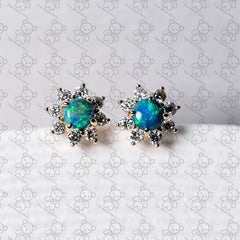 Blue Colored Black Opal & Diamond Stud Earrings in 14K Yellow Gold