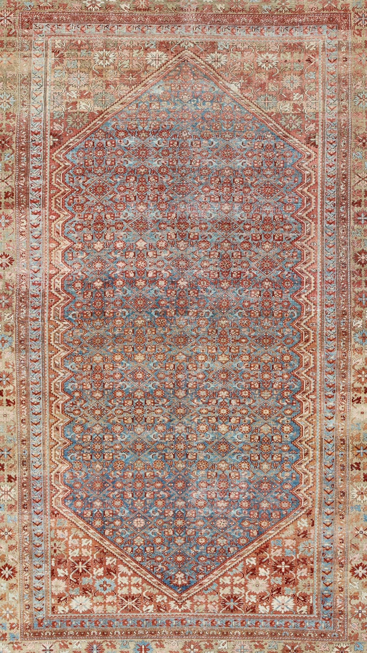 Hand-Knotted Blue Colored Large Antique Persian Malayer Rug with All-Over Design For Sale