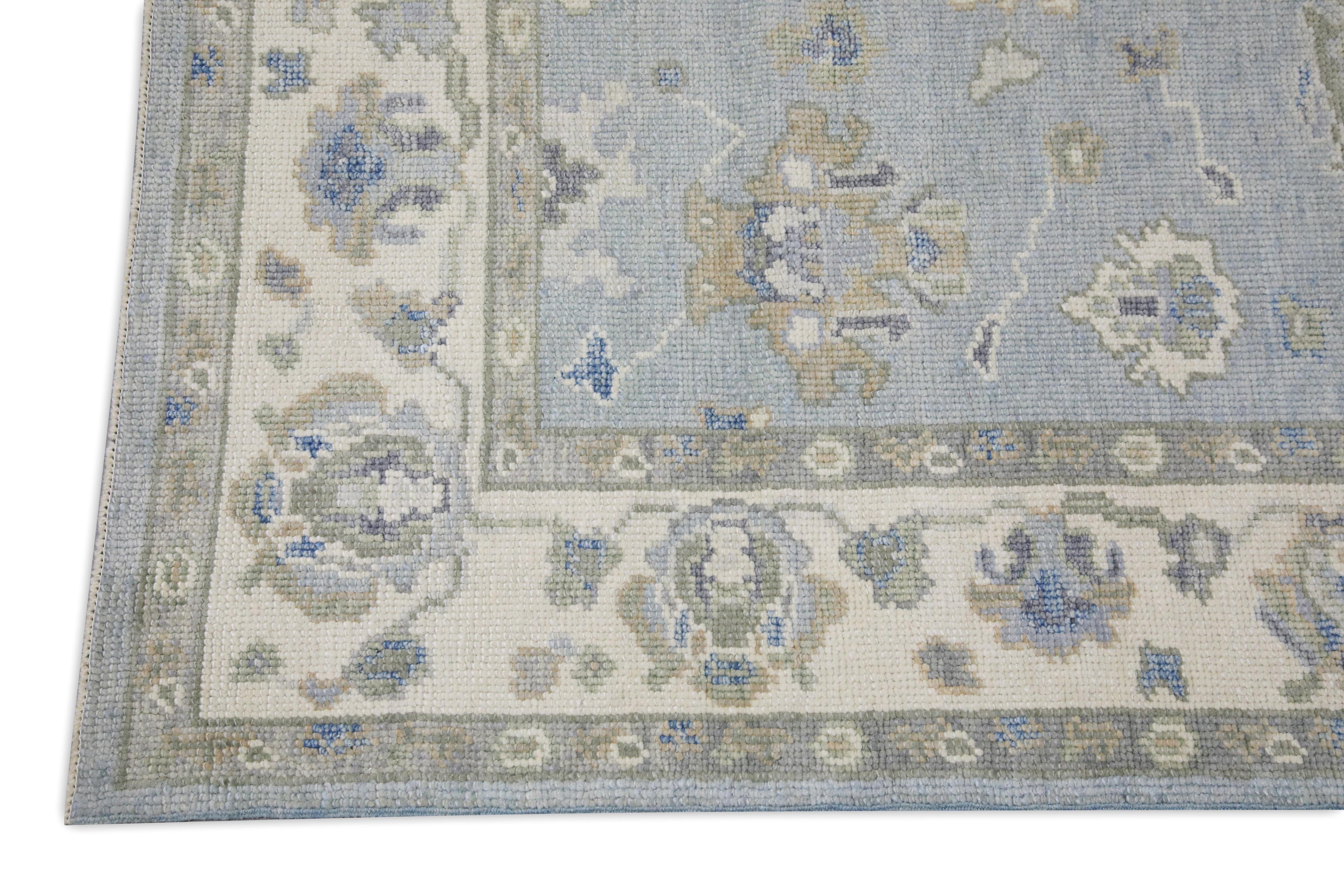 Vegetable Dyed Blue Colorful Floral Design Handwoven Wool Turkish Oushak Rug 5' X 9'6