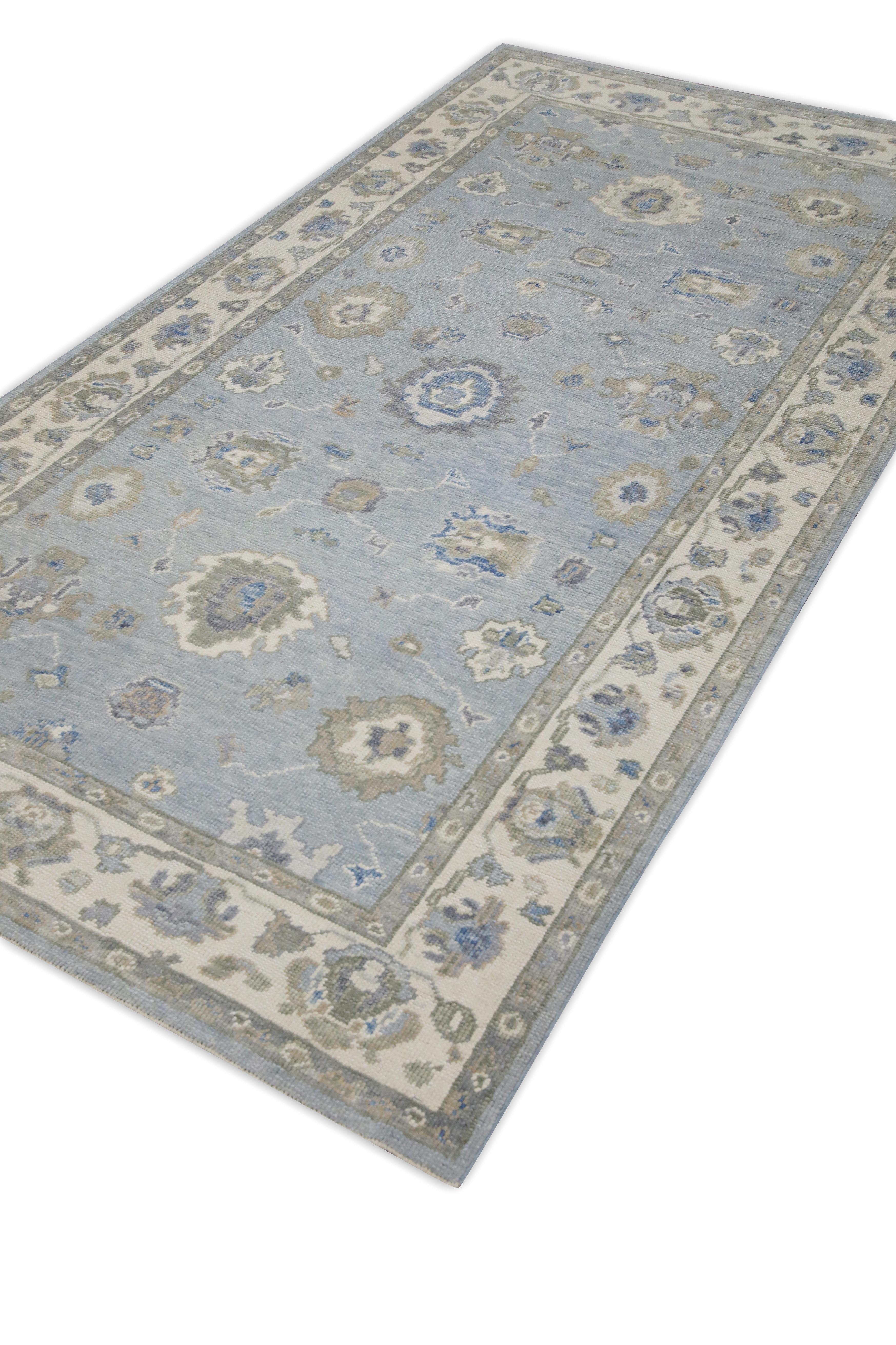 Contemporary Blue Colorful Floral Design Handwoven Wool Turkish Oushak Rug 5' X 9'6