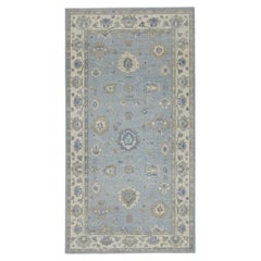 Blue Colorful Floral Design Handwoven Wool Turkish Oushak Rug 5' X 9'6"