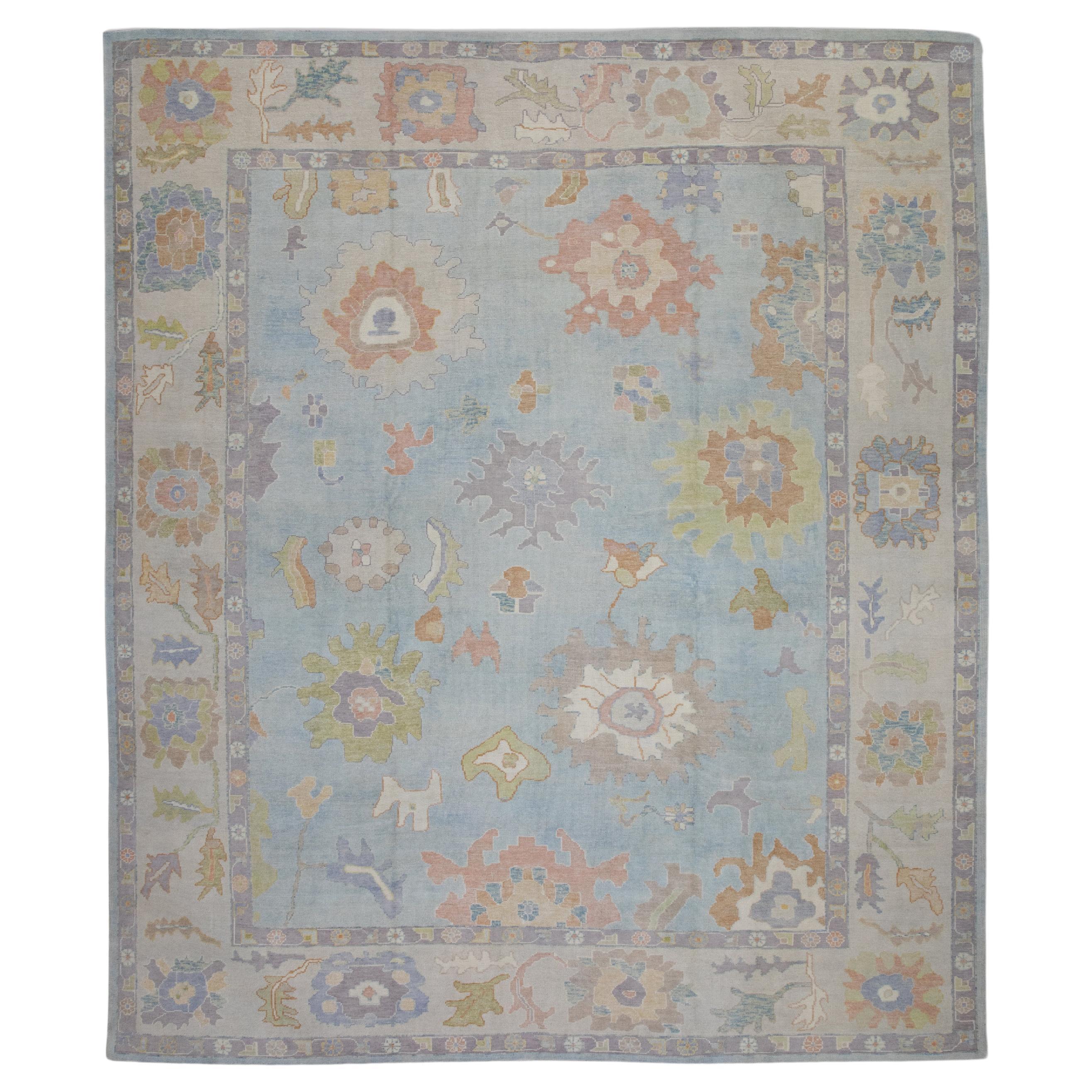 Blue Colorful Handwoven Wool Turkish Oushak Rug 12'4" X 14'4" For Sale