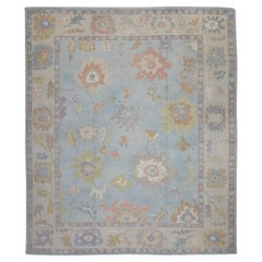 Blauer, farbenfroher, handgewebter, türkischer Oushak-Teppich aus Wolle 12'4" X 14'4"