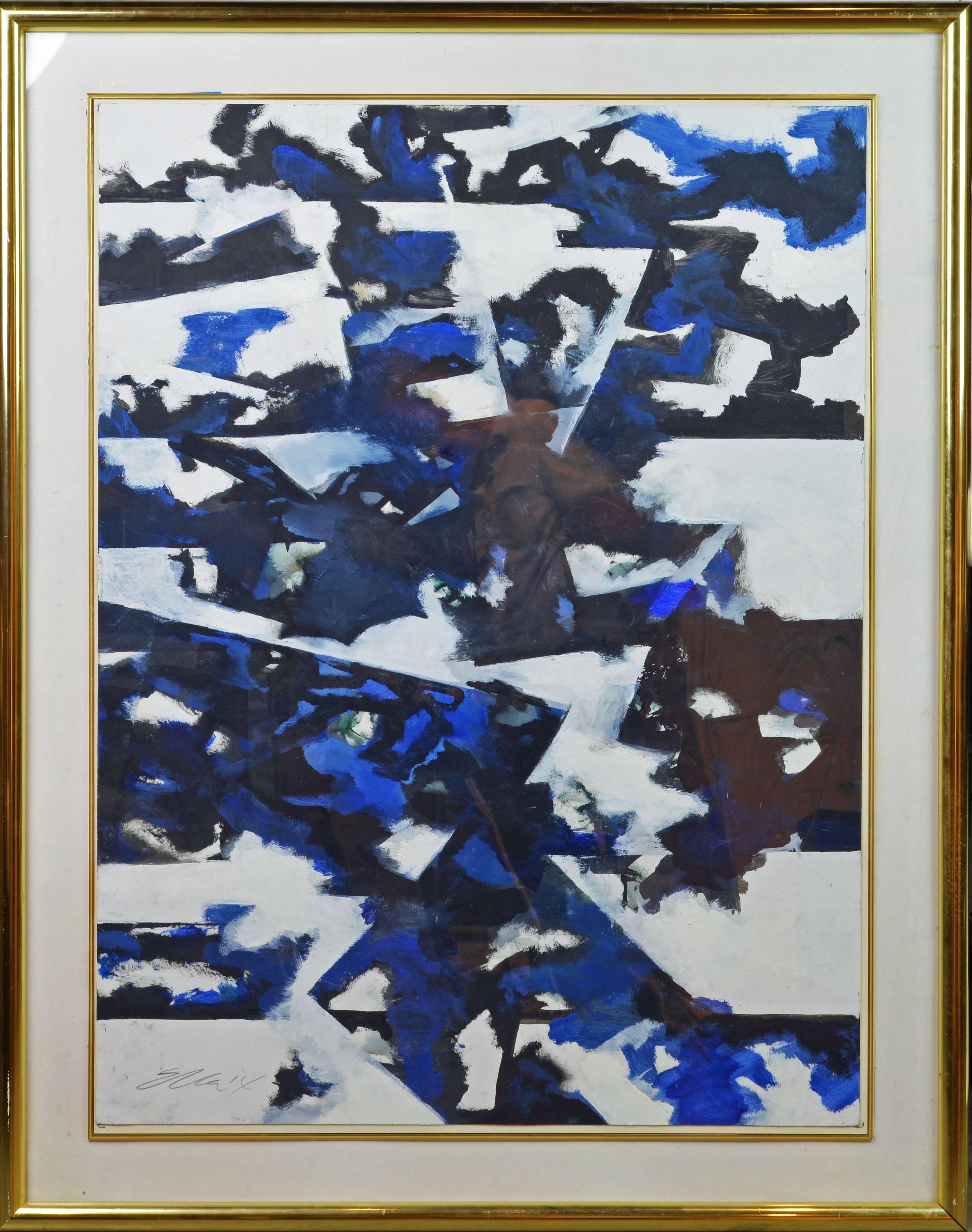 'Blue Composition'
By Ed Eller, American 20th century.30 x 40 in. without frame, 38.25 x 48 in. including frame.
Oil on arches paper, signed.
Housed in a modern gold finish fra with protective glas and matting.

Ed Eller personal statement:
I