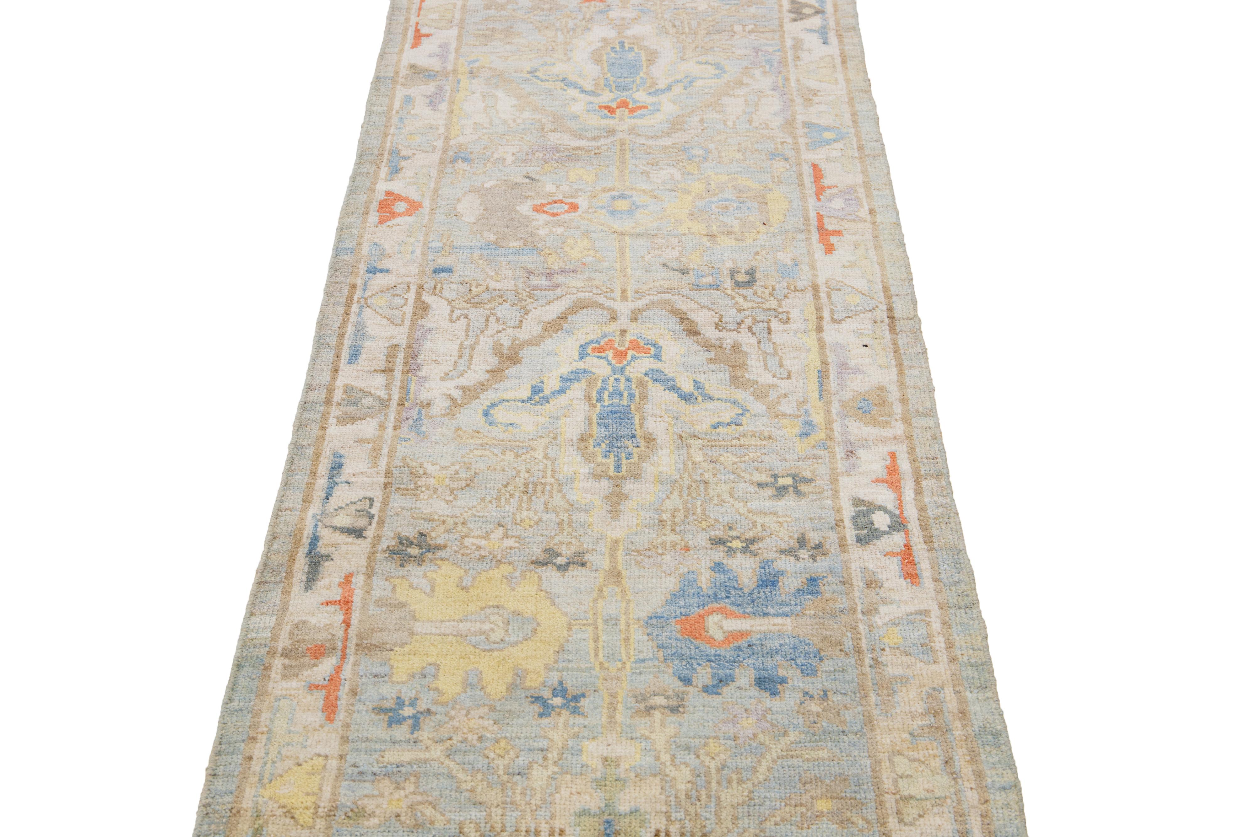 Islamic Blue Contemporary Mahal Handmade Wool Runner with Floral Motif For Sale
