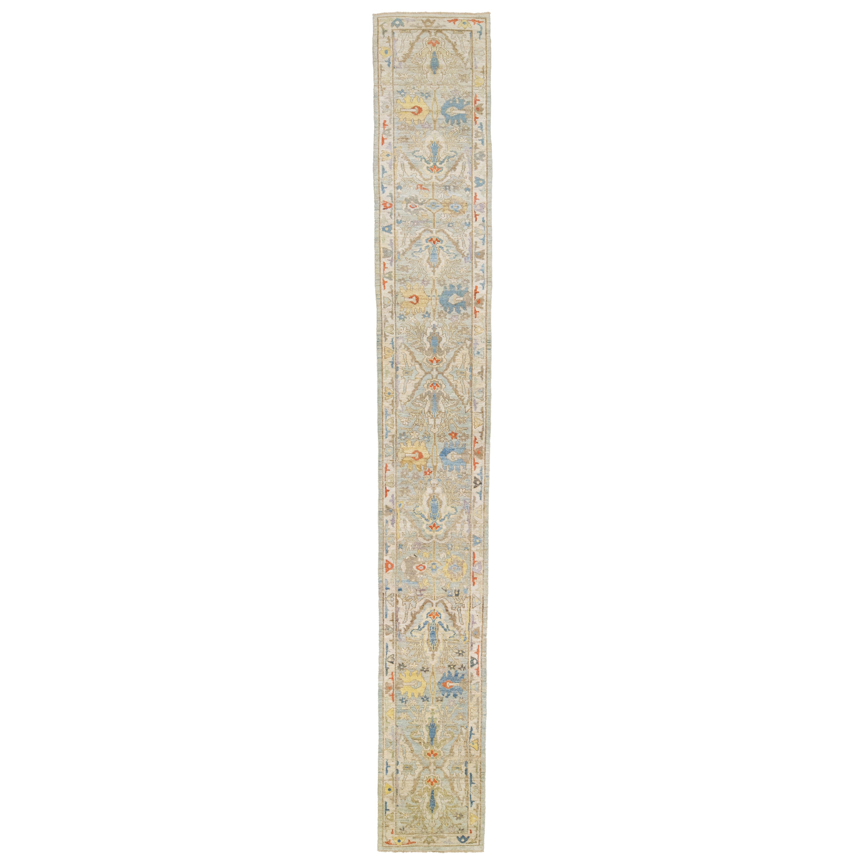 Runner in lana fatto a mano Mahal blu contemporaneo con motivo floreale