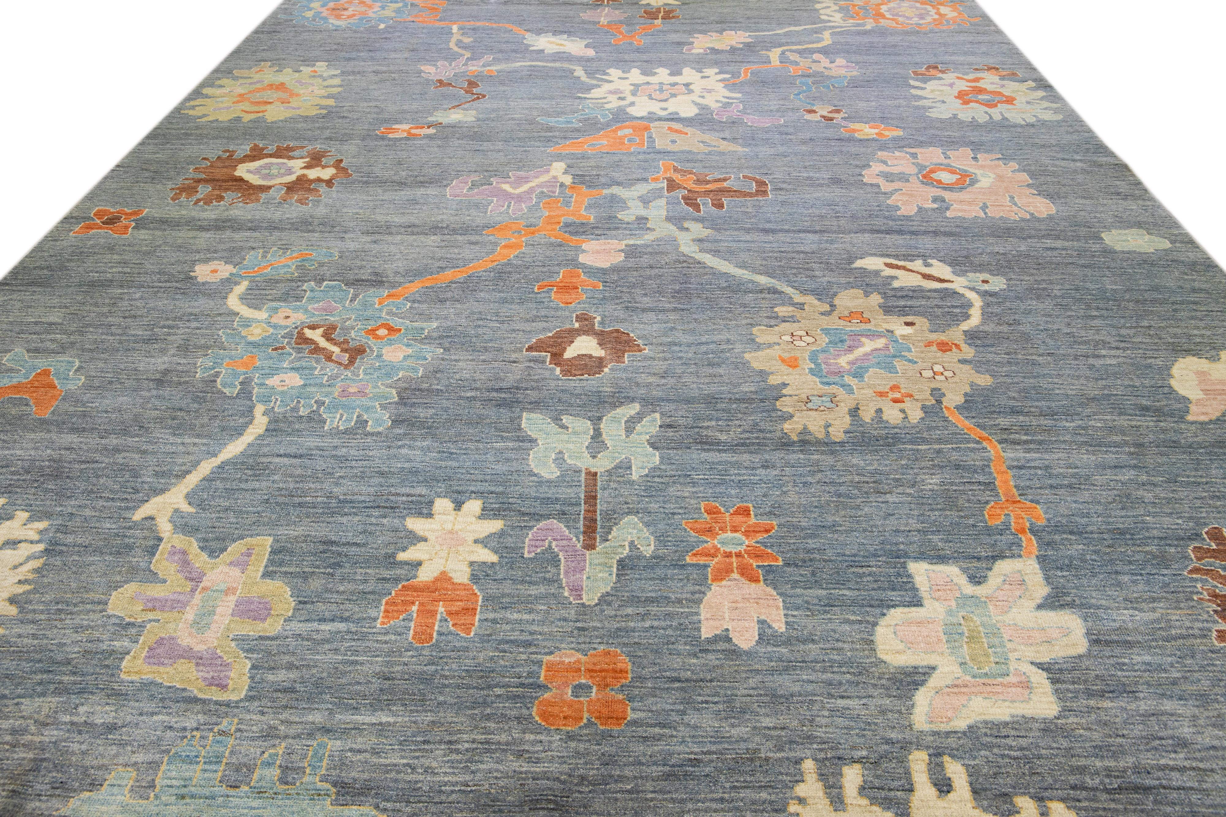 Turkish Blue Contemporary Oushak Handmade Floral Pattern Wool Rug For Sale