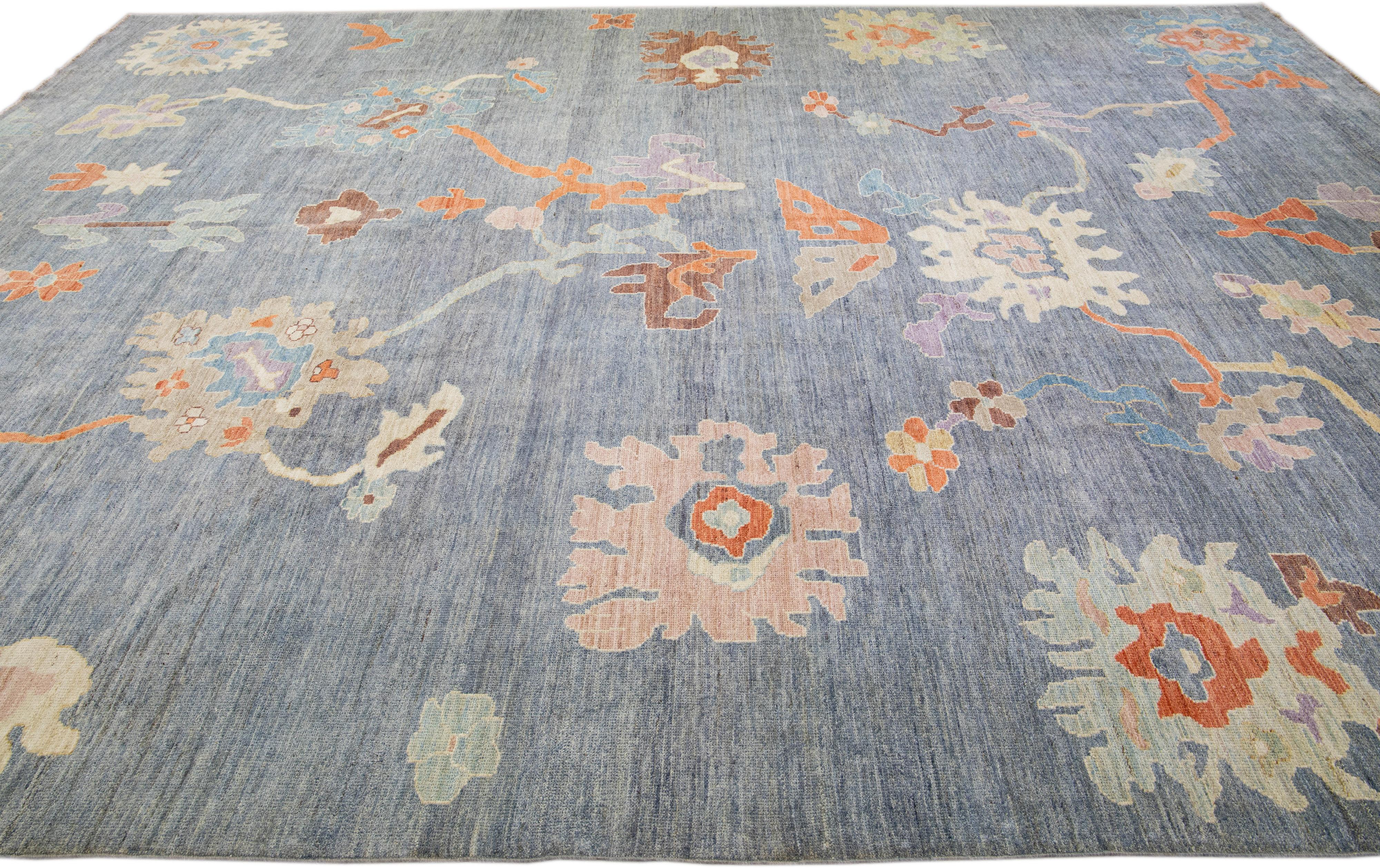 Hand-Knotted Blue Contemporary Oushak Handmade Floral Pattern Wool Rug For Sale