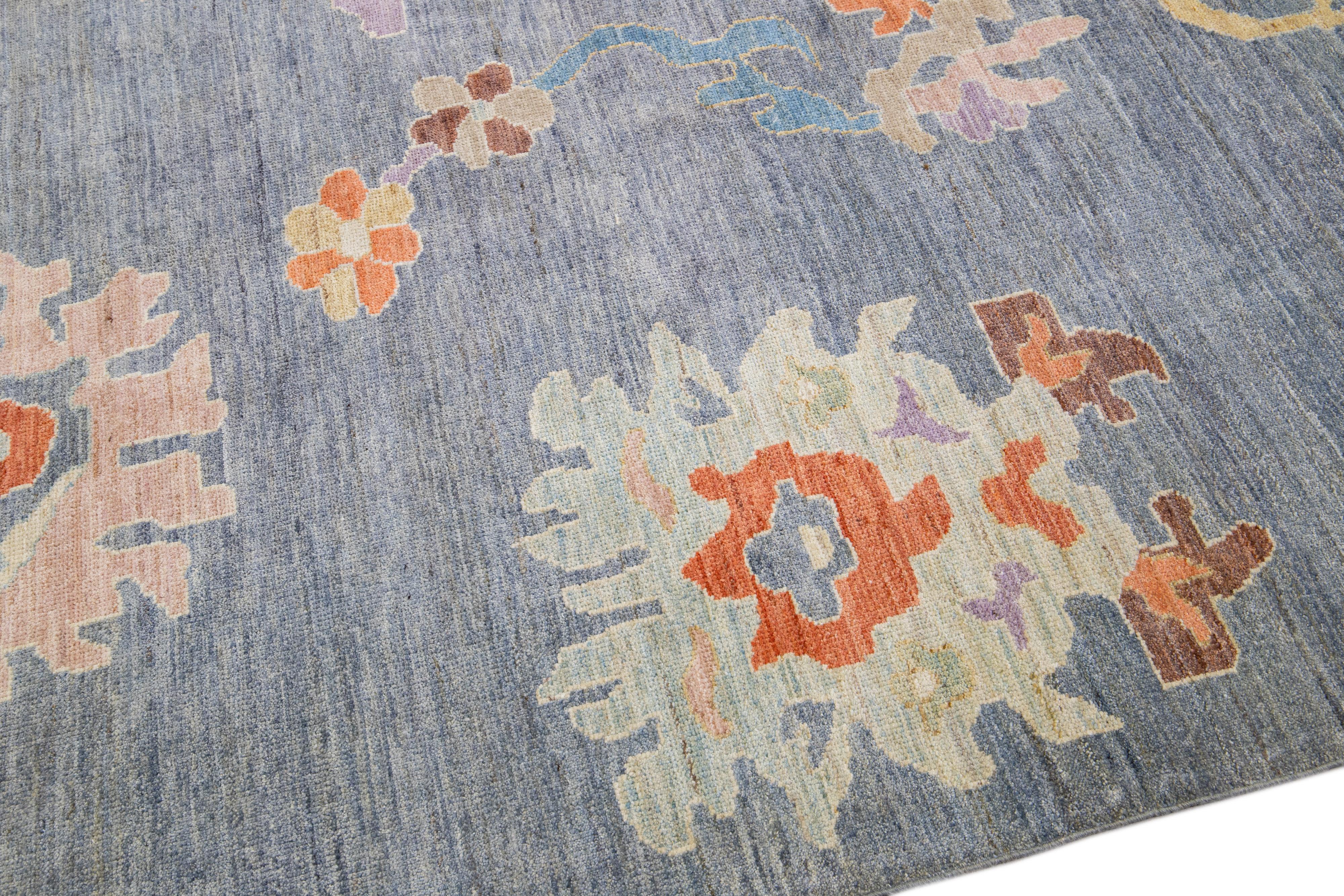 Blue Contemporary Oushak Handmade Floral Pattern Wool Rug For Sale 3