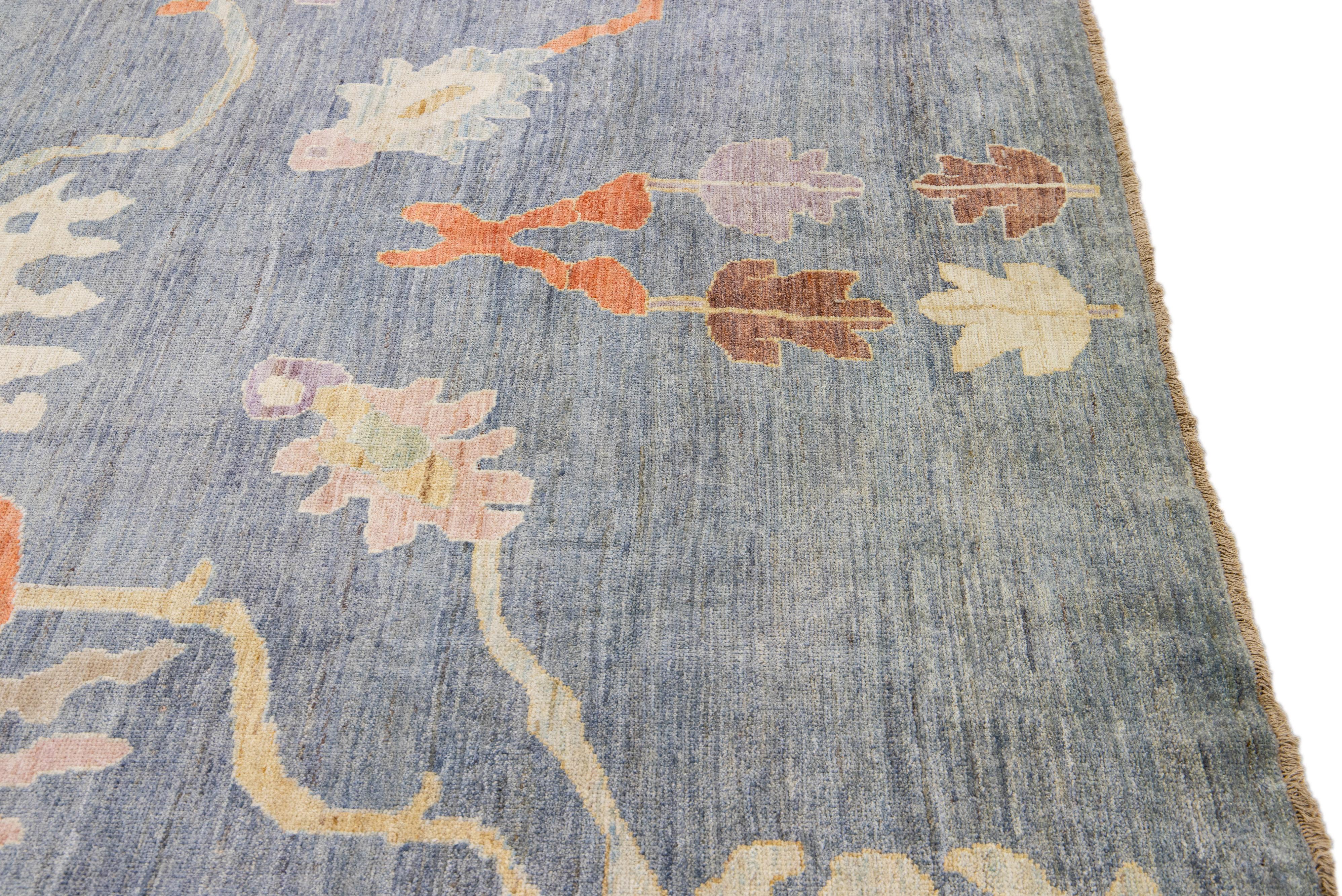 Blue Contemporary Oushak Handmade Floral Pattern Wool Rug For Sale 4