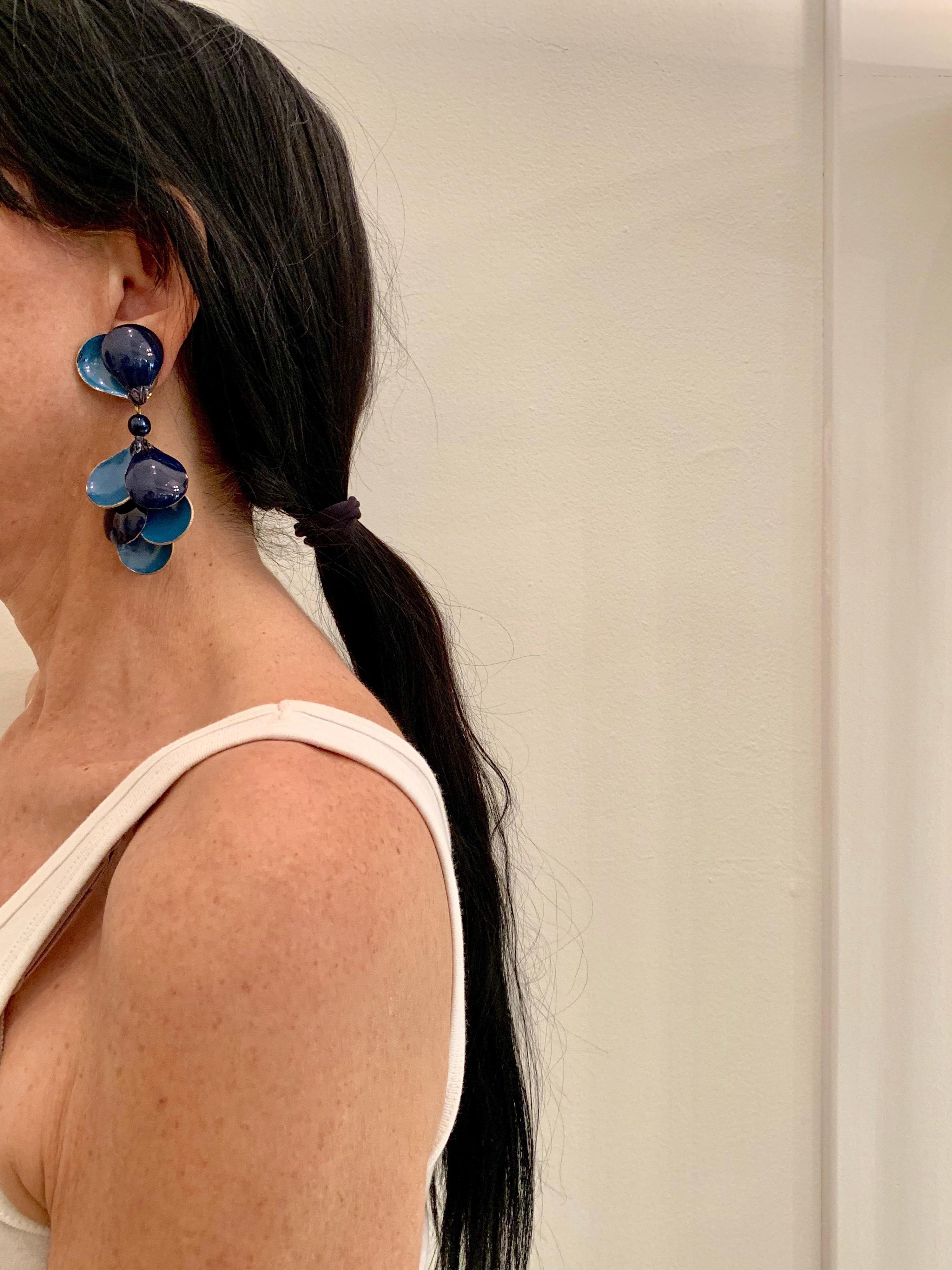Contemporary French designer architectural blue chandelier statement clip-on earrings made in Paris by Cilea - the lightweight chic earrings are comprised of enameline (enamel and resin) and feature a bold/unique. Cilea Paris is known for creating