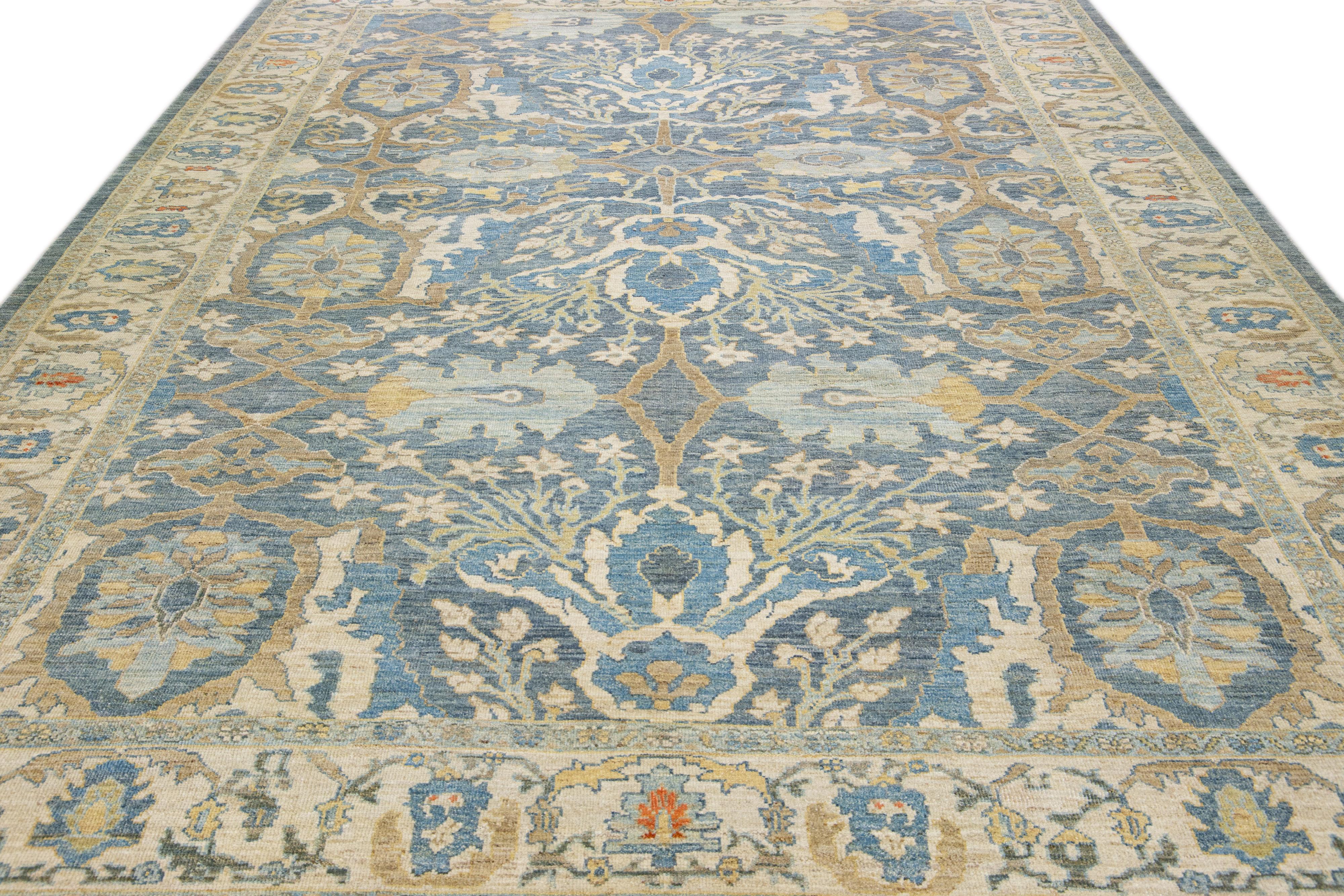 Persian Blue Contemporary Sultanabad Handmade Floral Design Wool Rug For Sale