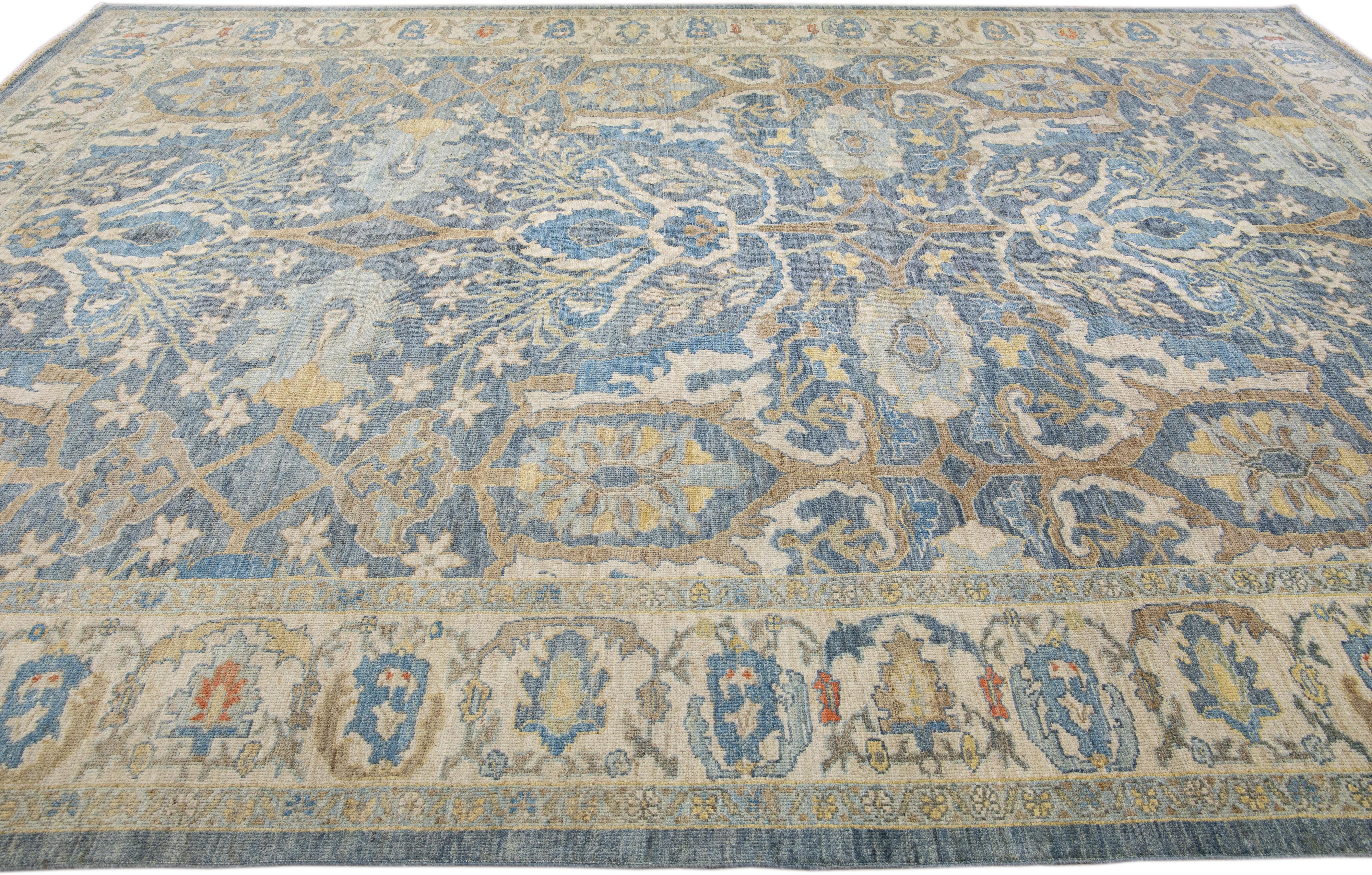 Hand-Knotted Blue Contemporary Sultanabad Handmade Floral Design Wool Rug For Sale