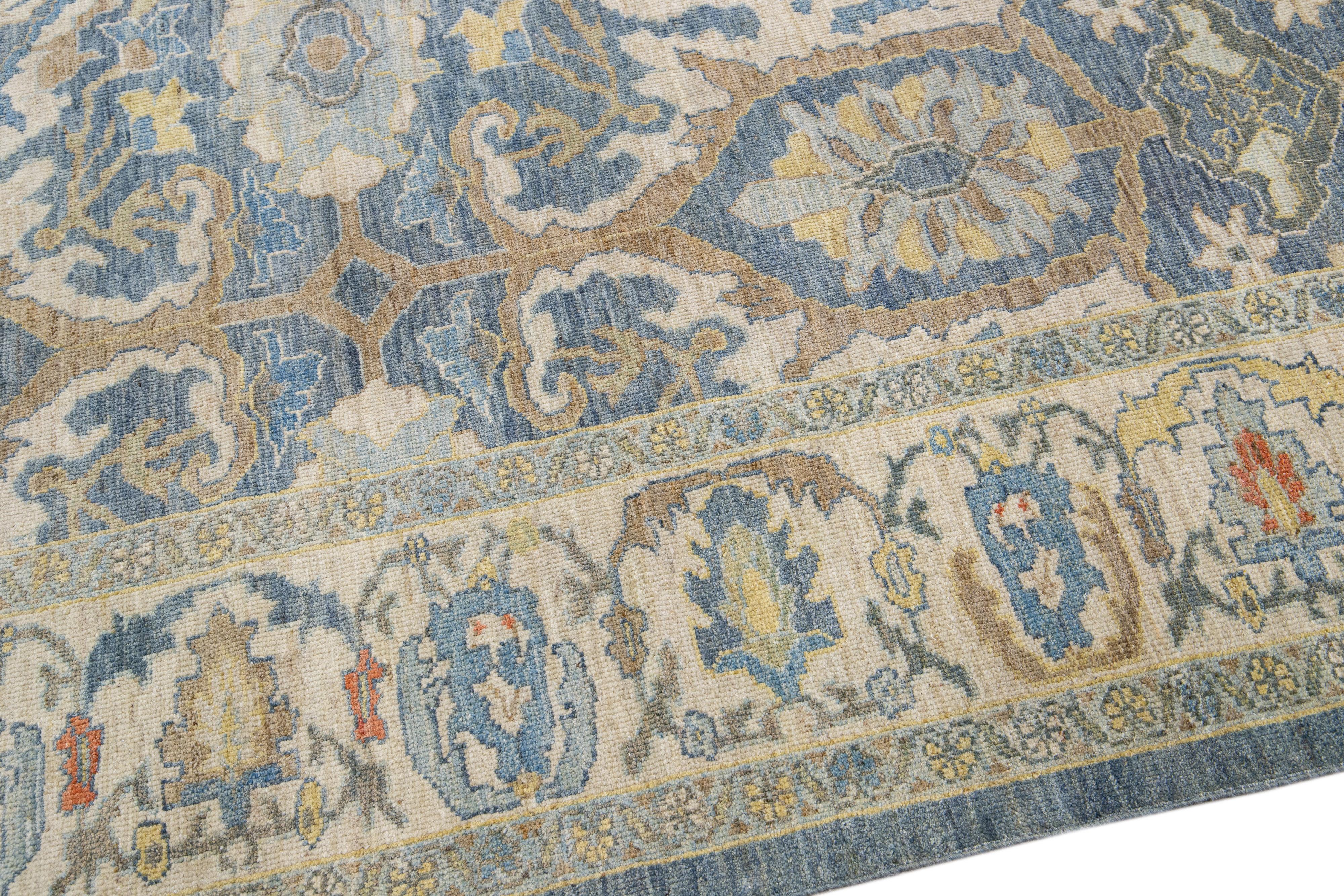 Blue Contemporary Sultanabad Handmade Floral Design Wool Rug For Sale 2