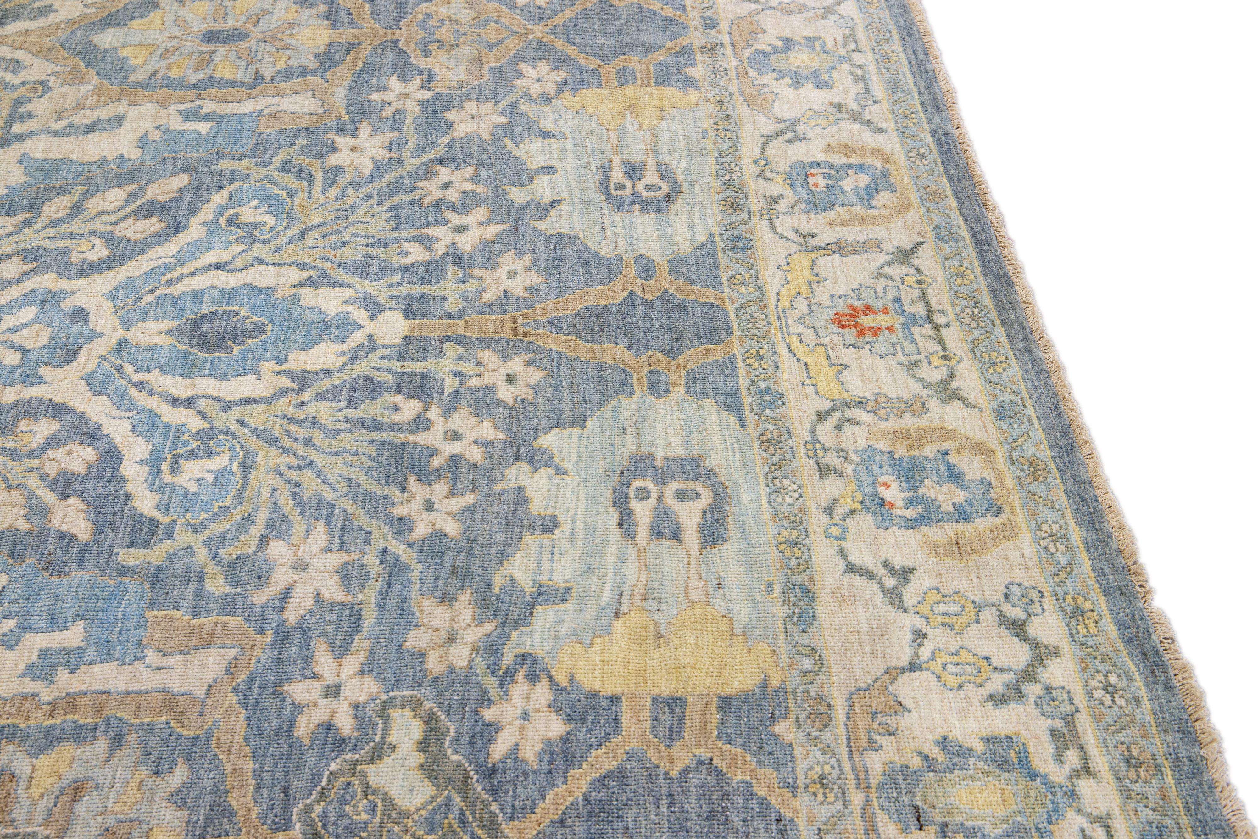 Blue Contemporary Sultanabad Handmade Floral Design Wool Rug For Sale 3
