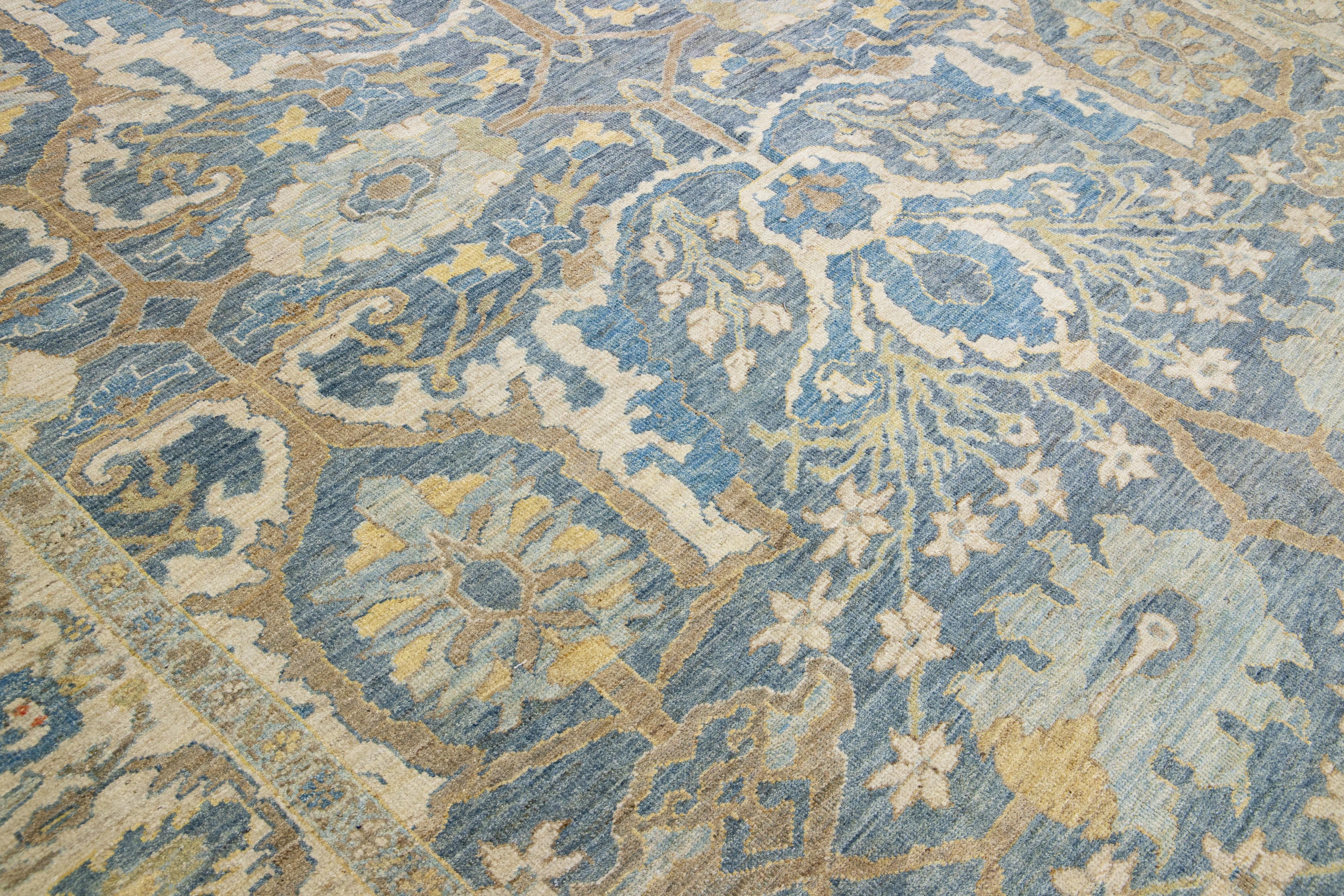 Blue Contemporary Sultanabad Handmade Floral Design Wool Rug For Sale 4