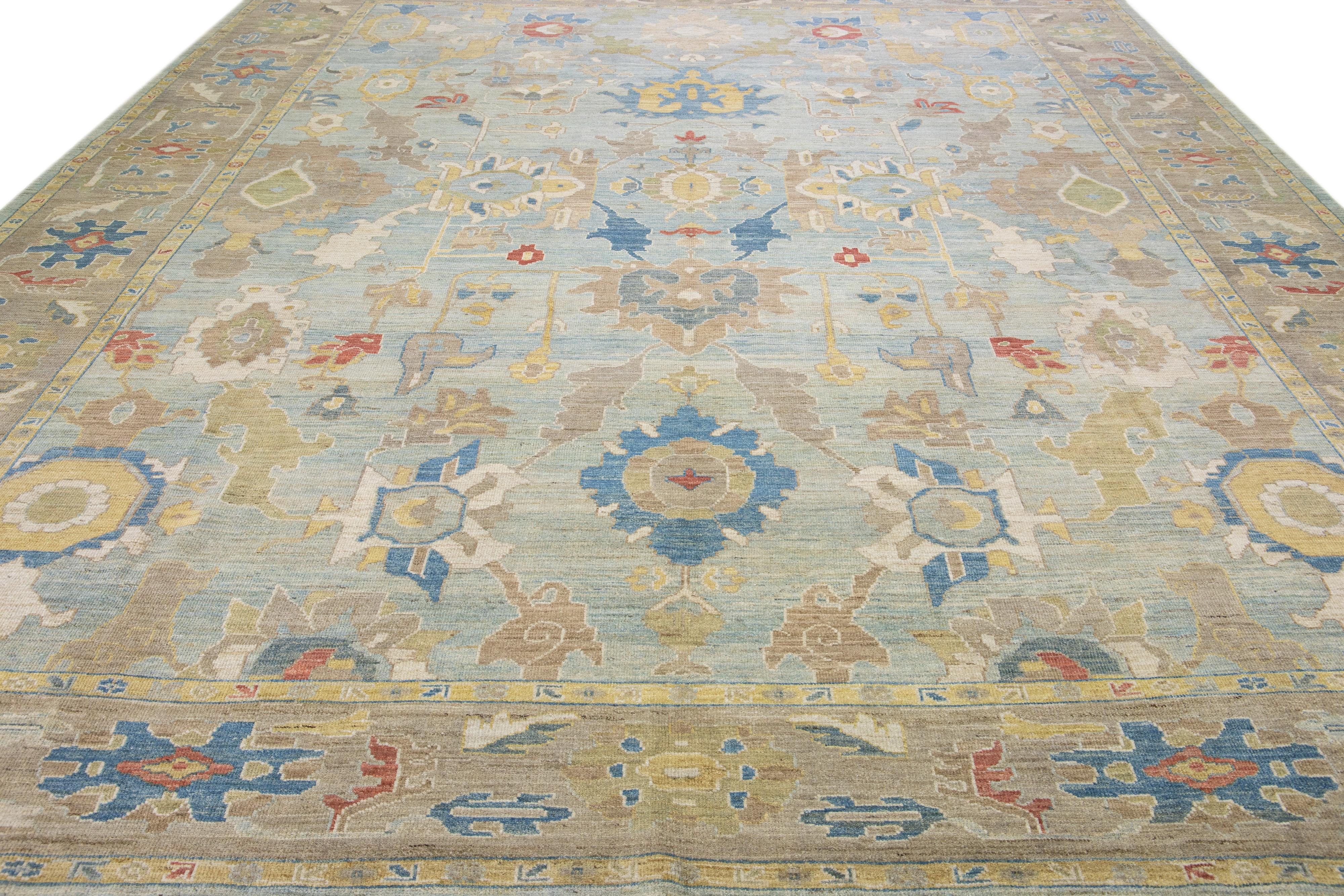 Persian Blue Contemporary Sultanabad Handmade Floral Motif Wool Rug For Sale